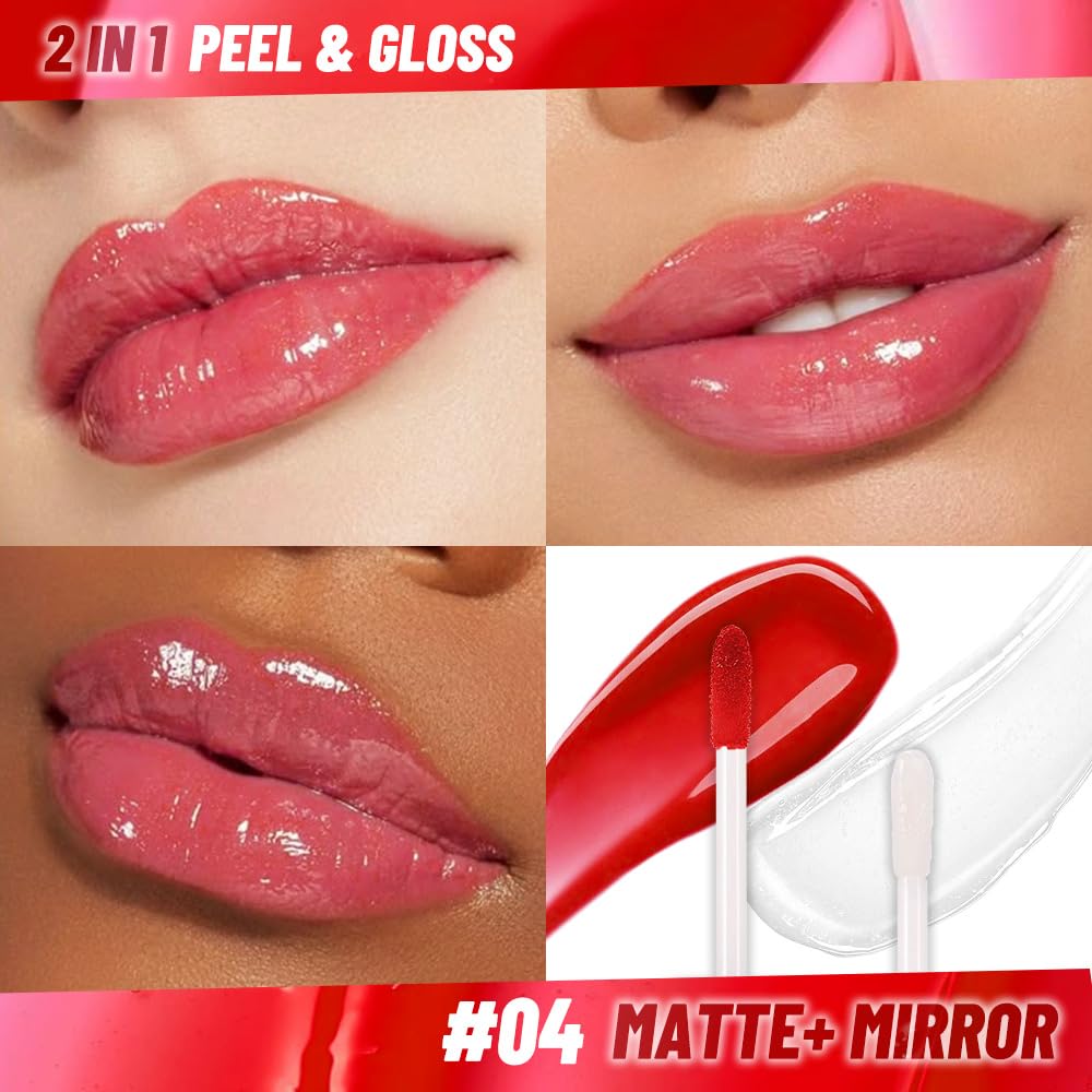 Vivid Burgundy Lip Stain Peel Off Lip liner and Lip oil with Tweezer, Dual-Ended Peel Off Lip Stain Tattoo, Highly Pigmented Long Lasting Waterproof, Transfer-proof for All Skin Types, 04#
