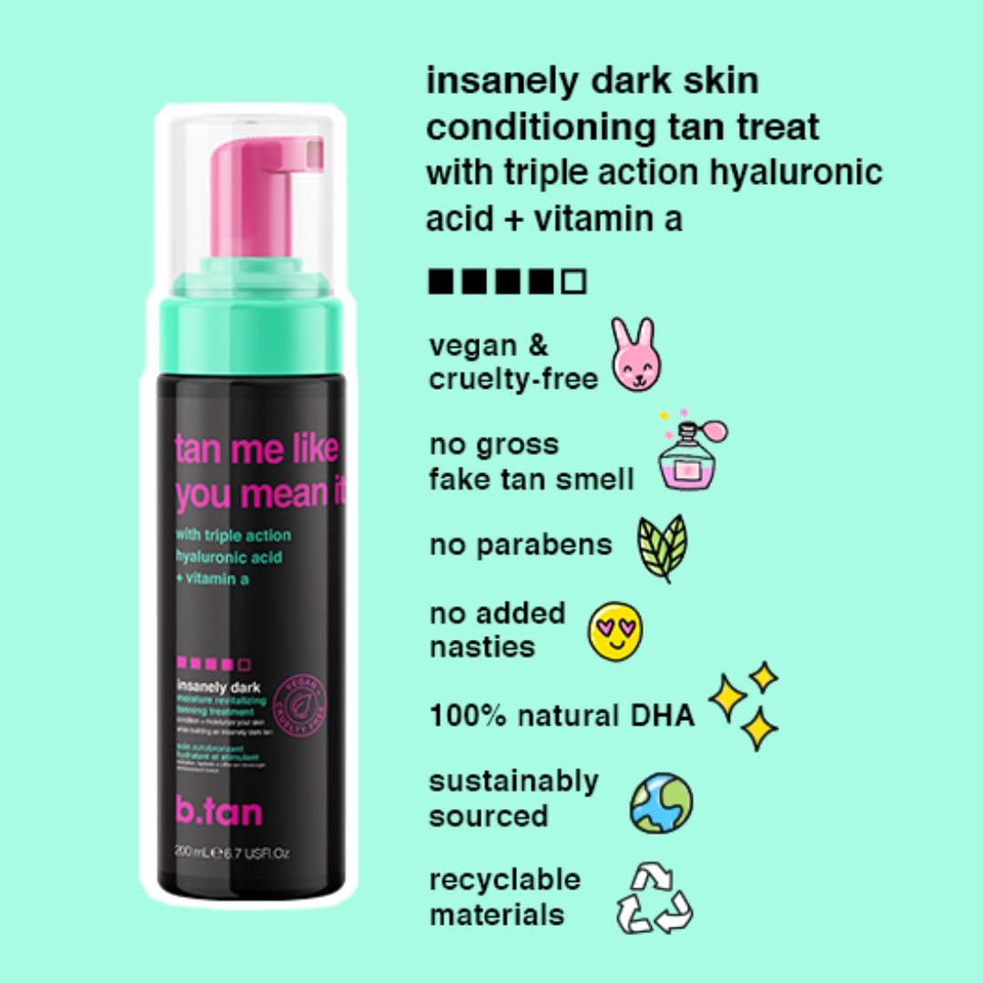 b.tan Dark Self Tanner Mousse | Tan Me Like You Mean It - Dark, 1 Hour Express Sunless Tanner Foam, Bronzing Glow, No Fake Tan Smell, Face & Body, Vegan, Cruelty & Paraben Free, 6.7 Fl Oz