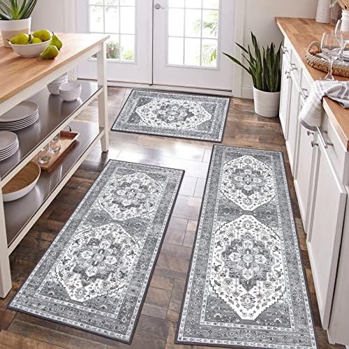 HEBE Boho Kitchen Rugs Set of 3, Non Slip Washable Kitchen Mats by HEBE