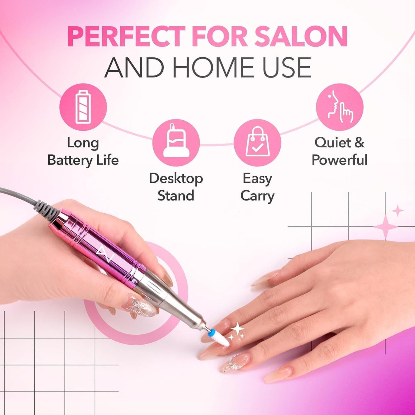 M Mase- Professional Nail Drill Machine - Coreless 2-in-1 Nail File - Electric, Cordless, 35000 RPM, HD Display - Electric Nail Drill for Professional & Home Use (Rose Gold)