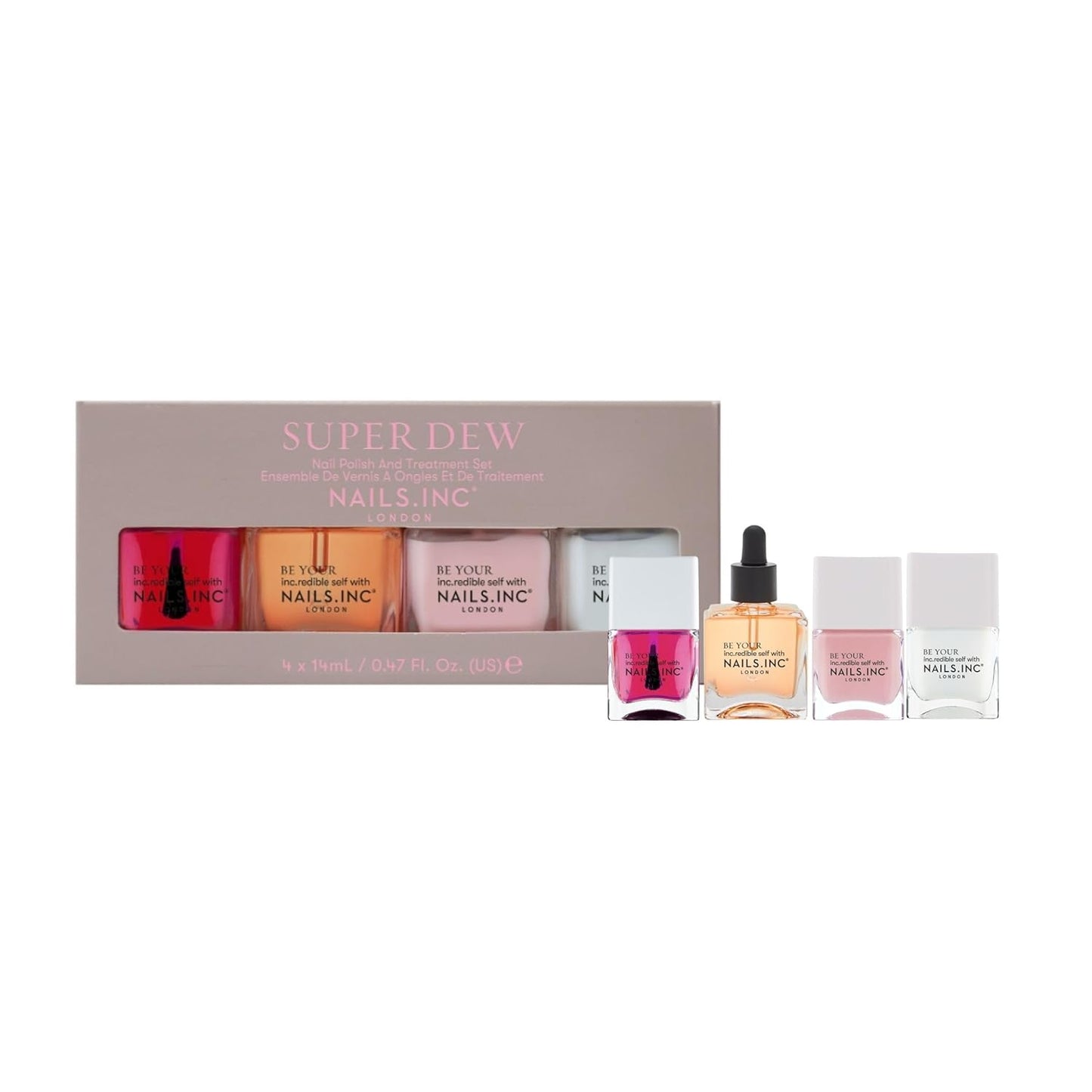 Nails Inc Super Dew Nail Polish Quad, Glow Enhancing Shades, Clean Girl Aesthetic, Fast Drying, Long Lasting, Chip Resistant, Air Dry Manicure, Vitamin C Cuticle Oil, Vegan, Cruelty Free, 4 Piece Set