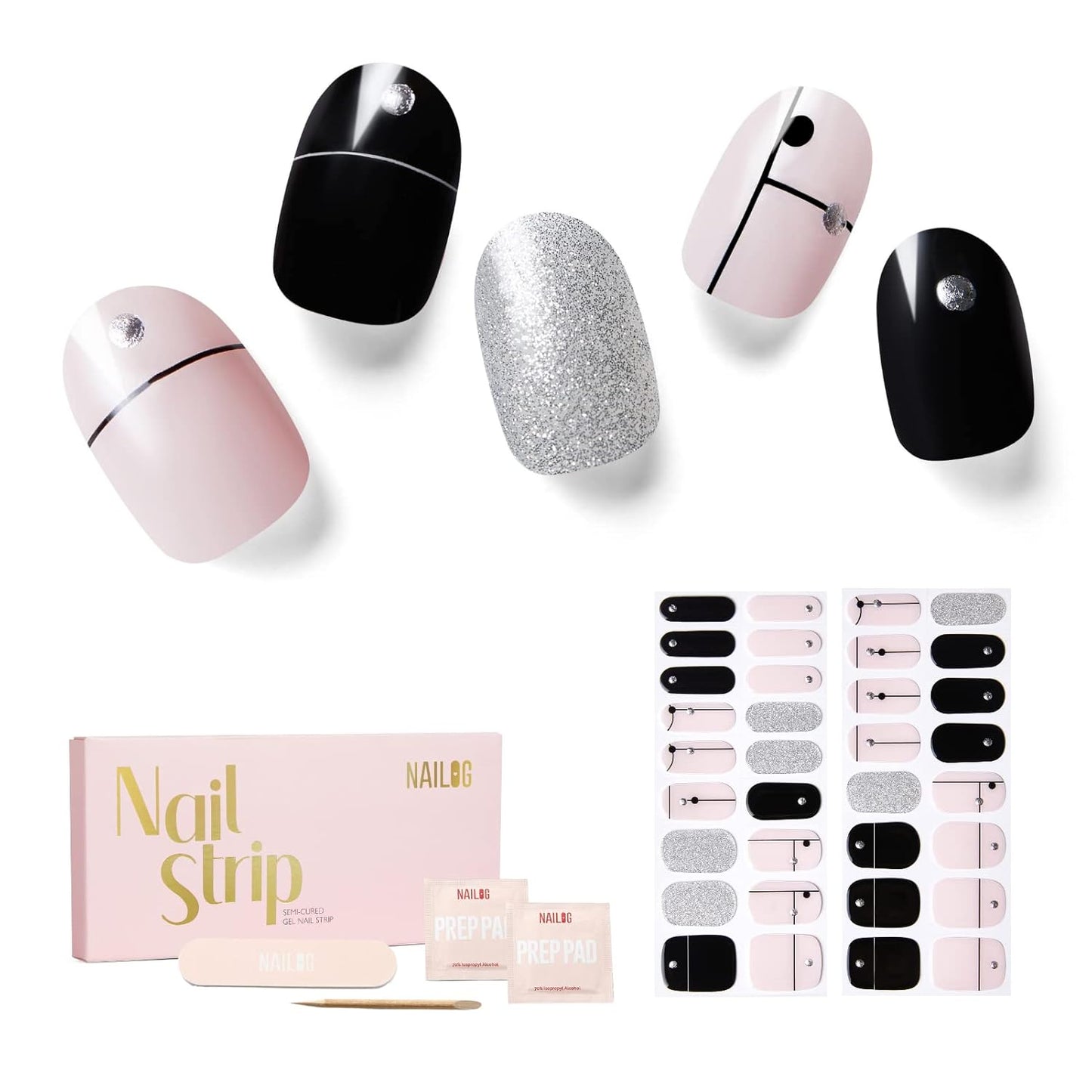 NAILOG Semi Cured Gel Nail Strips 34 pcs, Buy 2 Get 1 UV Lamp, Salon-Quality French Nail Strips with Soft Gel Finish| Timeless Strings
