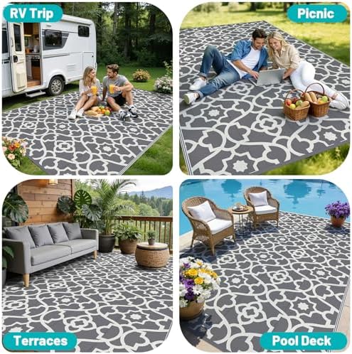 HEBE Waterproof Outdoor Rug 9'x12', Geometric Reversible Plastic Patio Rug - Image 6