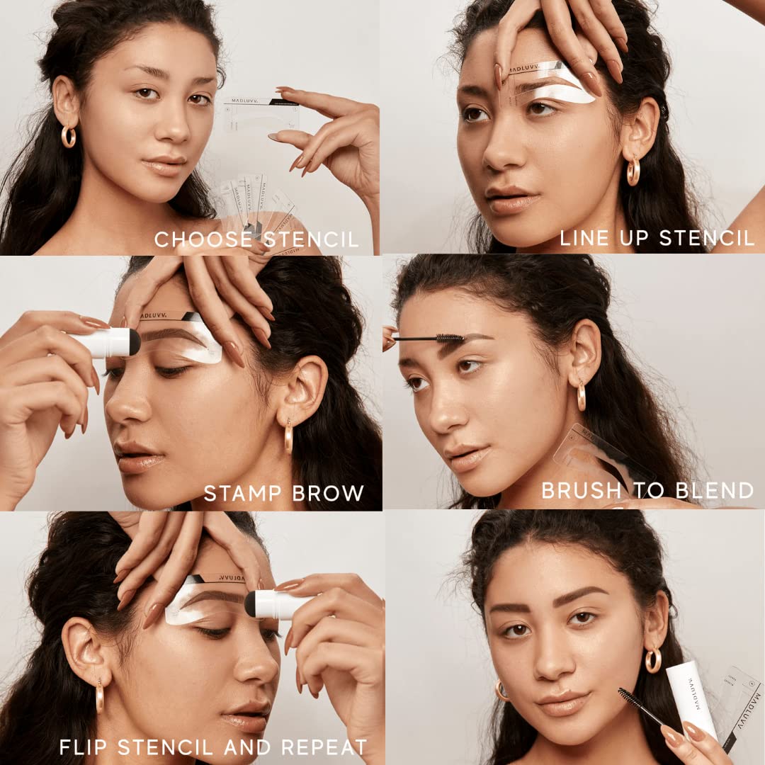 MADLUVV Brow Stamp Kit with Brow Stencils – Easy Eyebrow Shaper for Natural-Looking Brows – Popular Eyebrow Stencil Kit Used by Professionals – 9 Shapes, Spoolie, Travel Bag & Stamp (Auburn)
