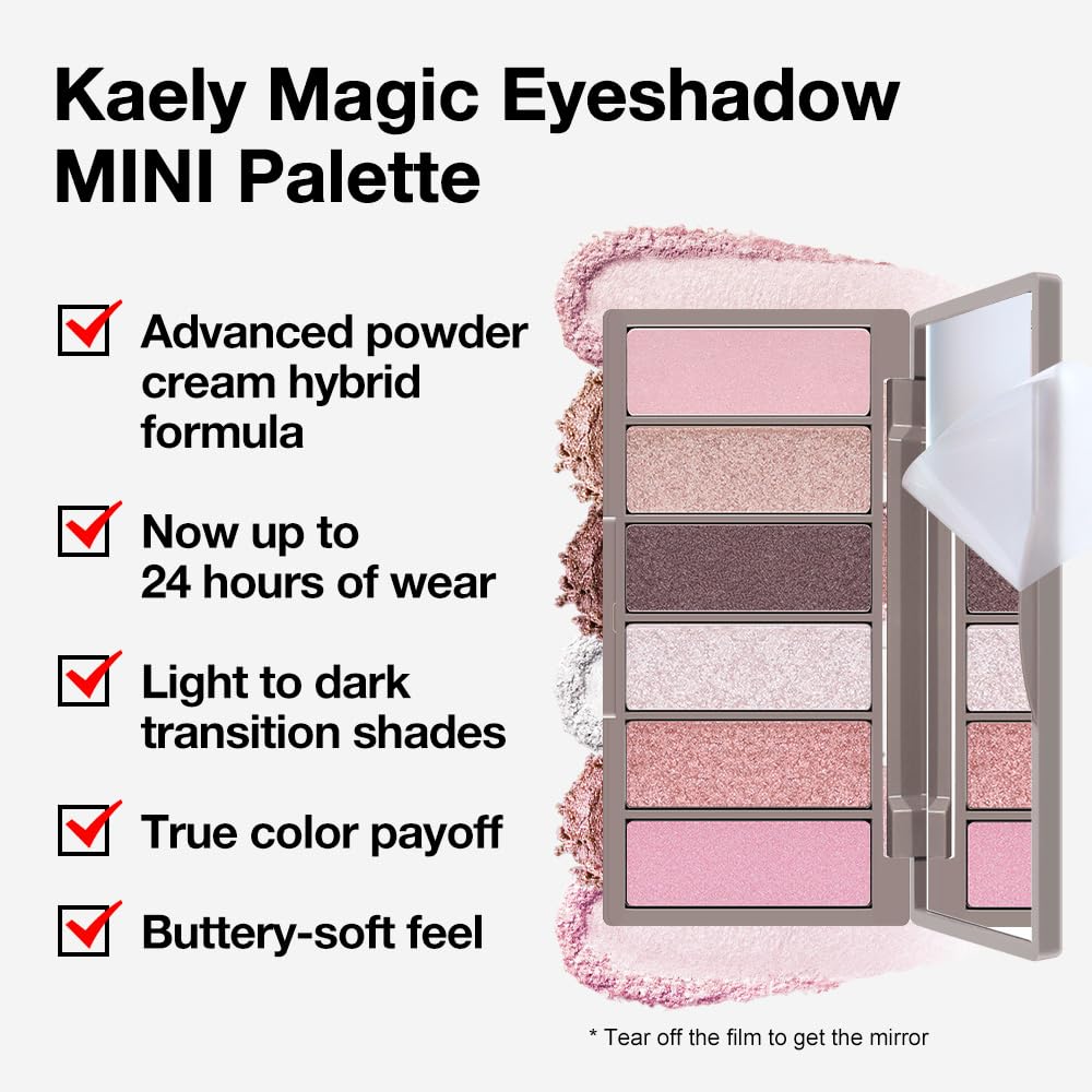 evpct 6 Colors Travel Eye Shadow Palette Makeup, Light Baby Pink Champagne Mink Mauve Pearl White Rose Shimmer Glitter Sparkly High Pigment Mini Eyeshadow Palette for Older Women, Built in Mirror