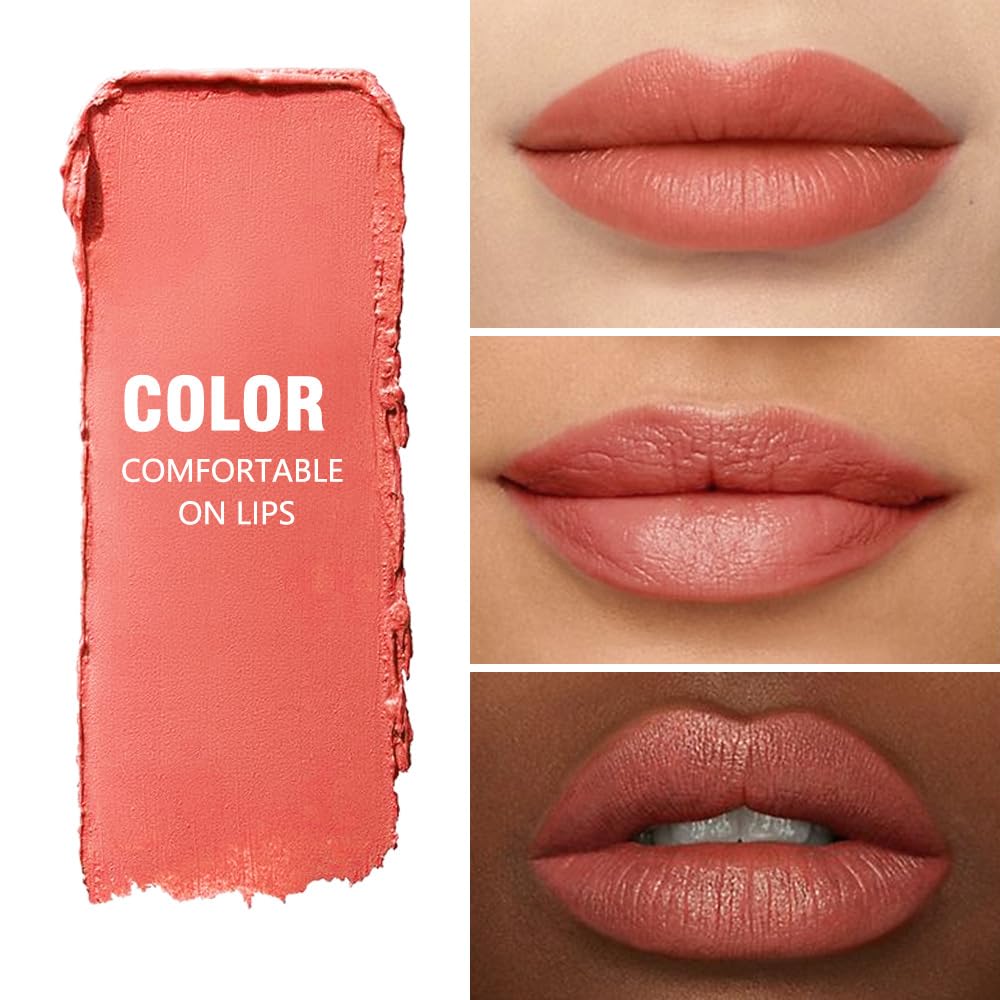 Matte Lipstick Crayon Set for Women, Coral Pink 24 Hour Lipstick Lip Liner Pencil, Neutral Lip Stick Lipliner Long Lasting Waterproof Smudge Proof, Vegan & Cruelty-Free, 02