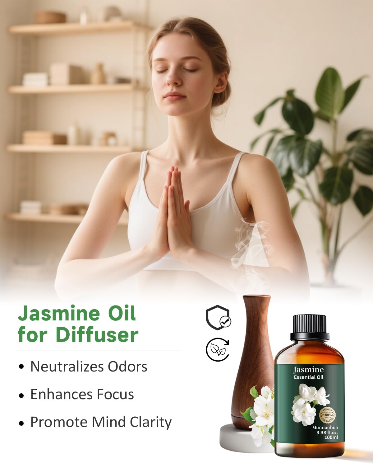 Mumianhua 100% Pure Jasmine Essential Oil Natural Jasmine Oil for Diffuser, Perfume, Shampoo, Aromatherapy, Cleaning, Skin, Hair, Massages, Relax,Candle Making 3.38 Fl Oz