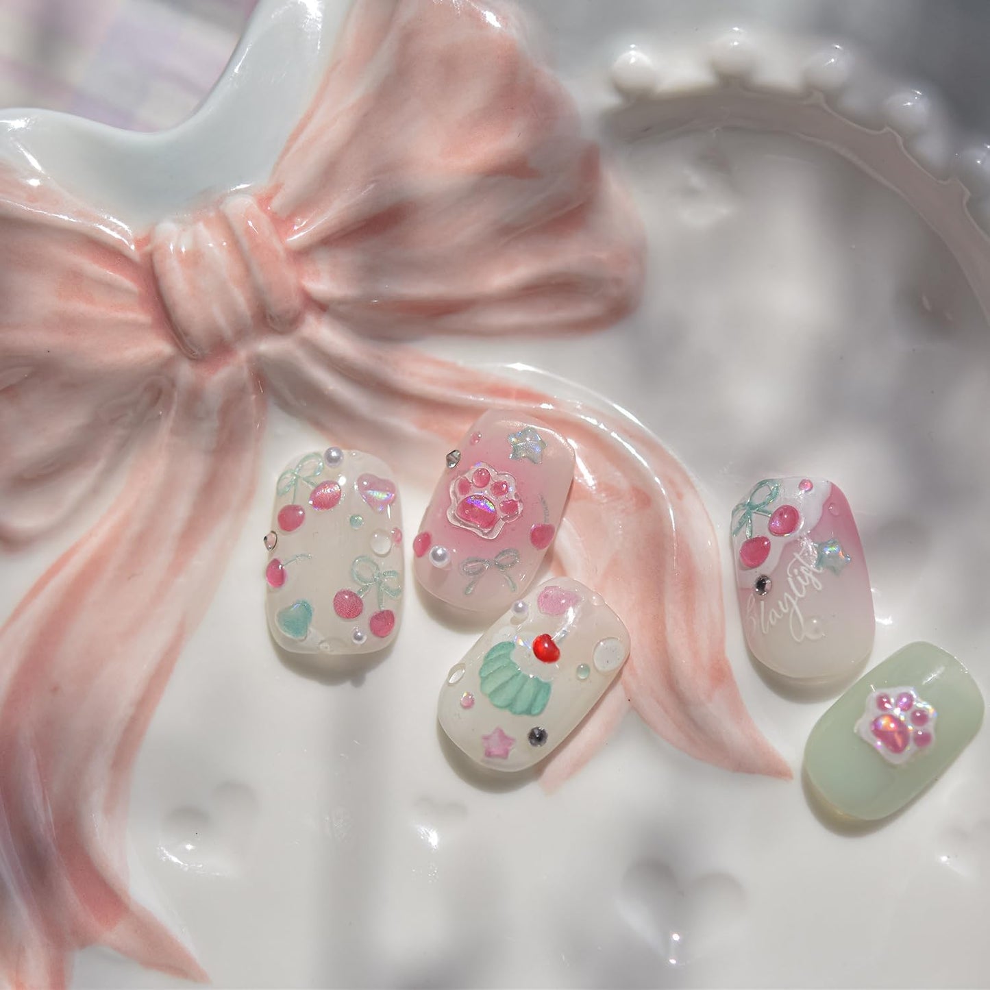 5D Embossed Cake Nail Sticker for Nails Art Pink Nail Decals Cherry Bow Nail Art Stickers Cute Nails Decal Self Adhesive Manicure Supplies Decoration for Women Girls Kid