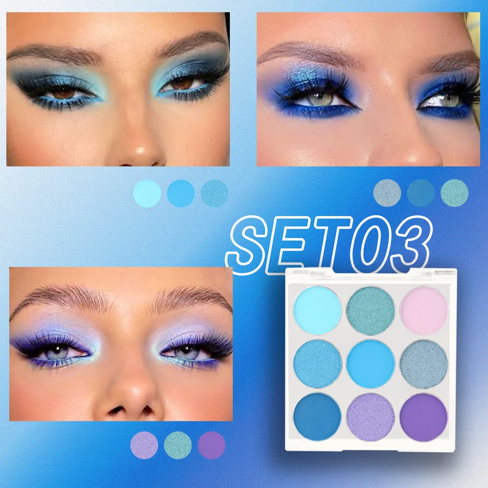 Purple Blue Eyeshadow Palette, Shimmer & Matte Violet Green Powder for Eye Makeup – 9-Color Highly Pigmented Light Dark Blue Pink Shades, Blendable Shiny & Matt