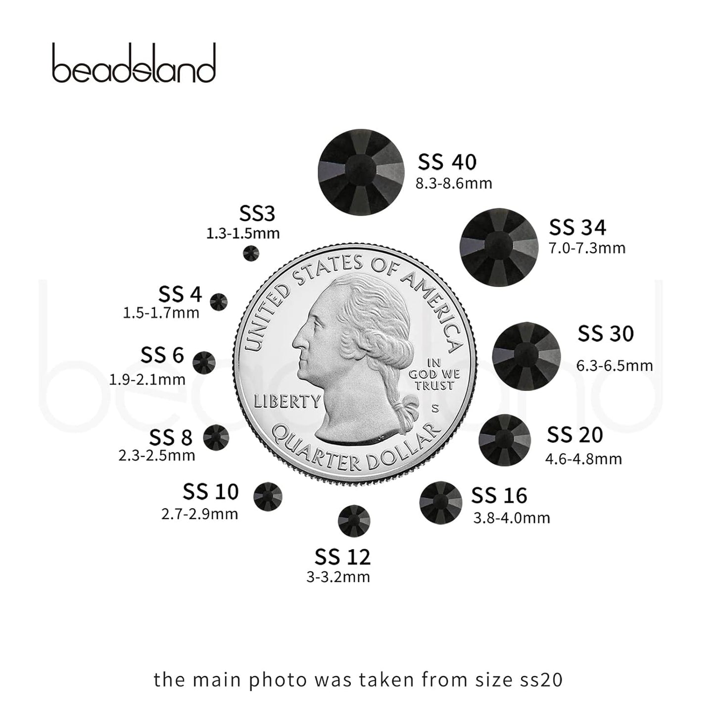 beadsland 1440 Piece Flat Back Crystal Rhinestones Round Gems,1.3mm-6.5mm, Black(SS16(3.8-4.0mm))