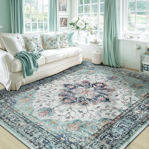 RELEANY Washable Area Rug, Teal Green/White/Navy - Image 2