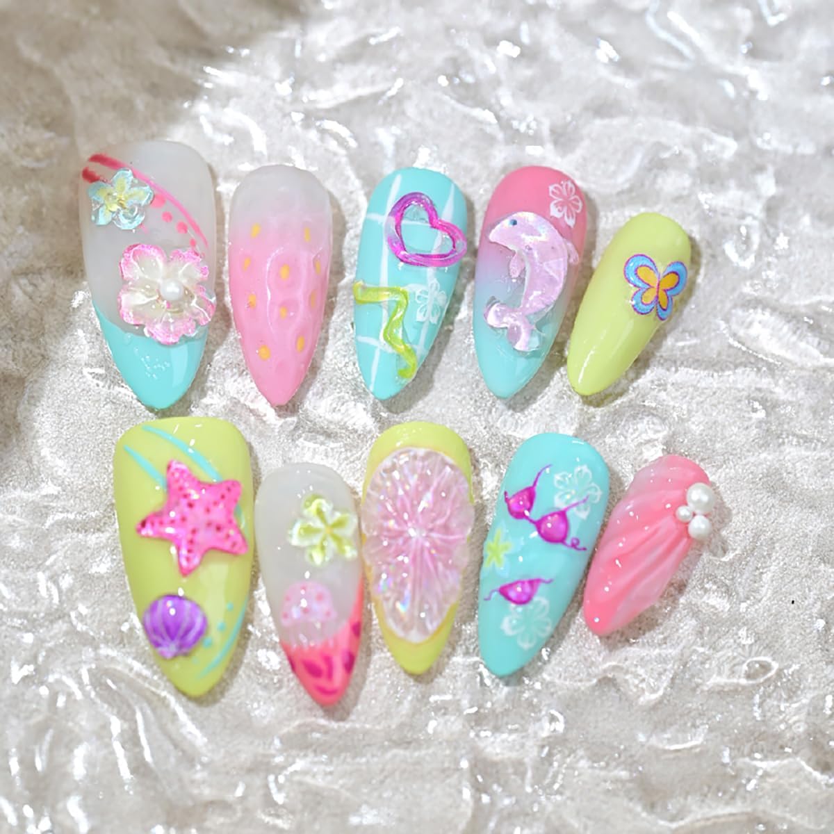 1 Sheets Summer Fruit Nail Stickers for Nails Art 5D Embossed Shell Starfish Nail Art Stickers Colorful Star Fish Jellyfish Self-Adhesive Design Summer Beach Nail Decals for Women Acrylic Manicure