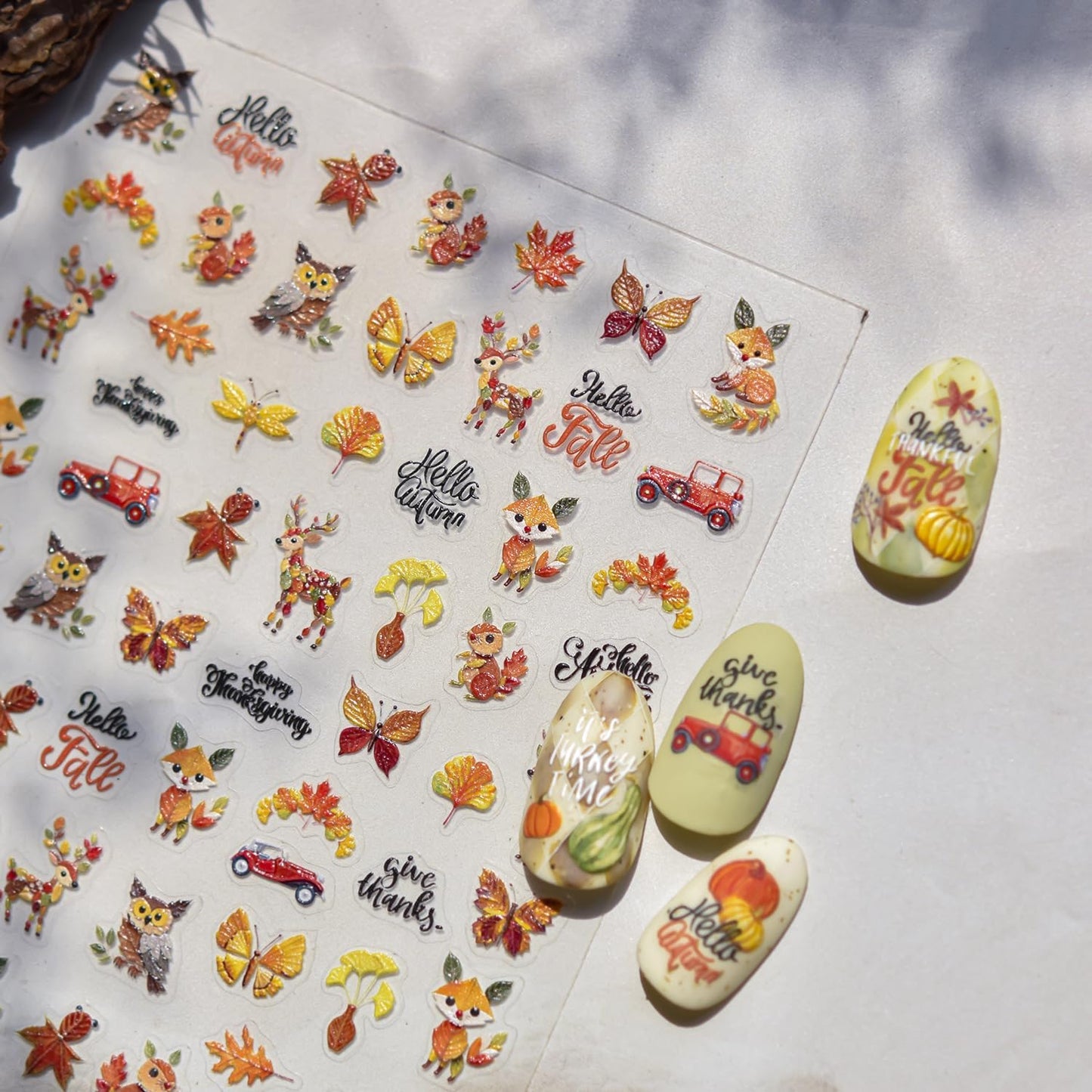 1 Sheet Animal Print Nail Art Stickers 5D Embossed Fox Nail Stickers 3D Self-Adhesive Squirrel Nail Decals Autumn Elk Owl Nail Designs Orange Maple Car Nail Art Decoration for Women Girls Manicure