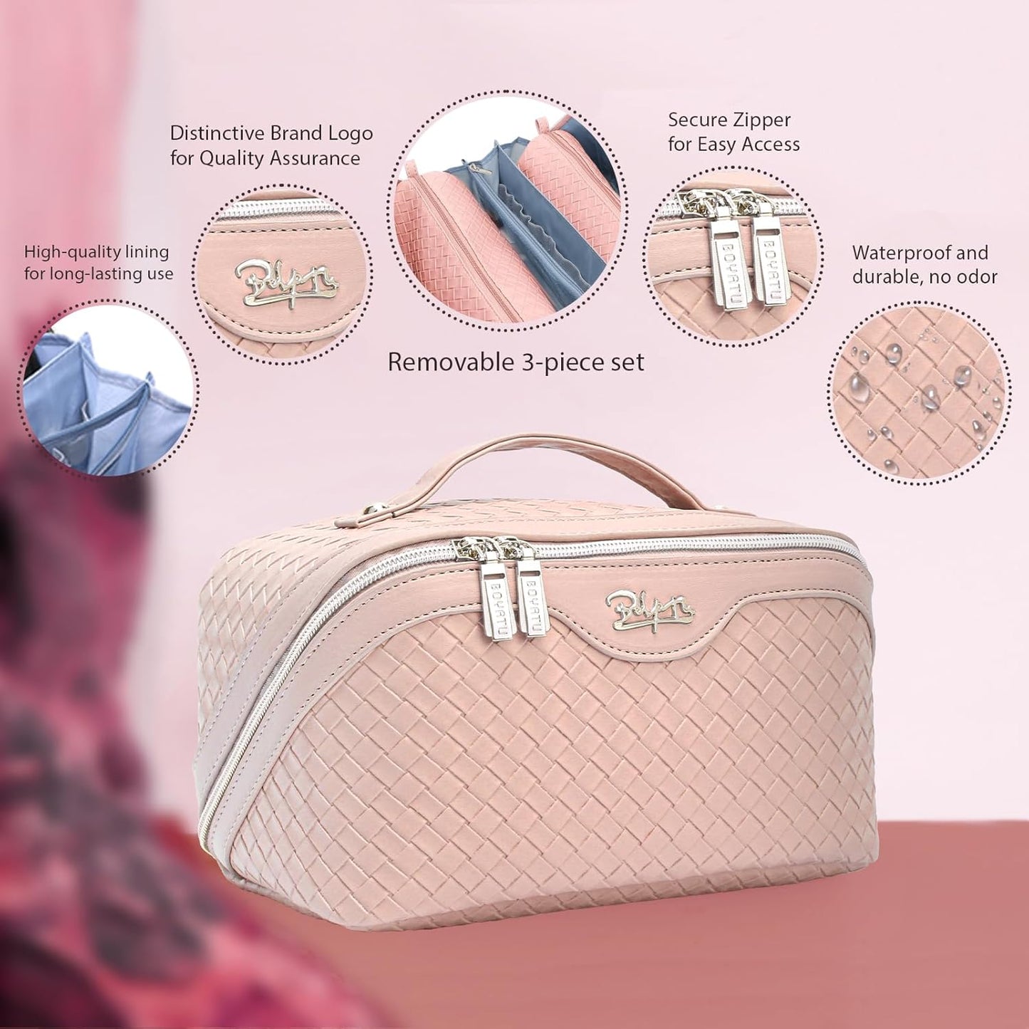 BOYATU Travel Makeup Bags for Women: Large Cosmetic Bag Waterproof - Vegan Leather Make up Bag Set of 3 - Compact Toiletry Organizer with Compartments & Handle & Divider (L02 Light Pink)