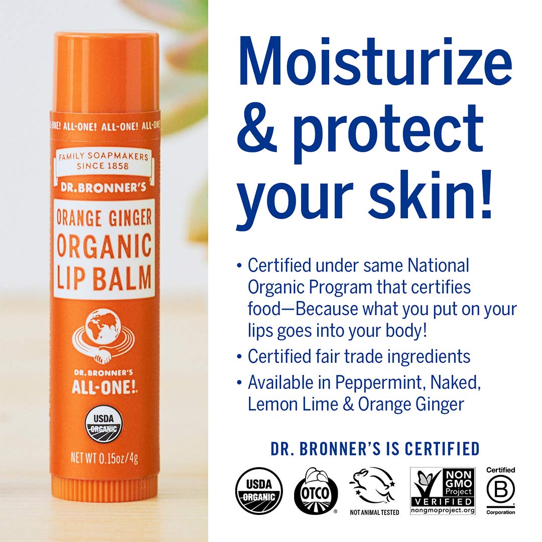 Dr. Bronner’s Organic Lip Balm 6-Pack (.15oz) Natural, Moisturizing, Petroleum-Free Lip Balm with Beeswax & Avocado Oil for Dry Lips, Men & Women - Orange Ginger