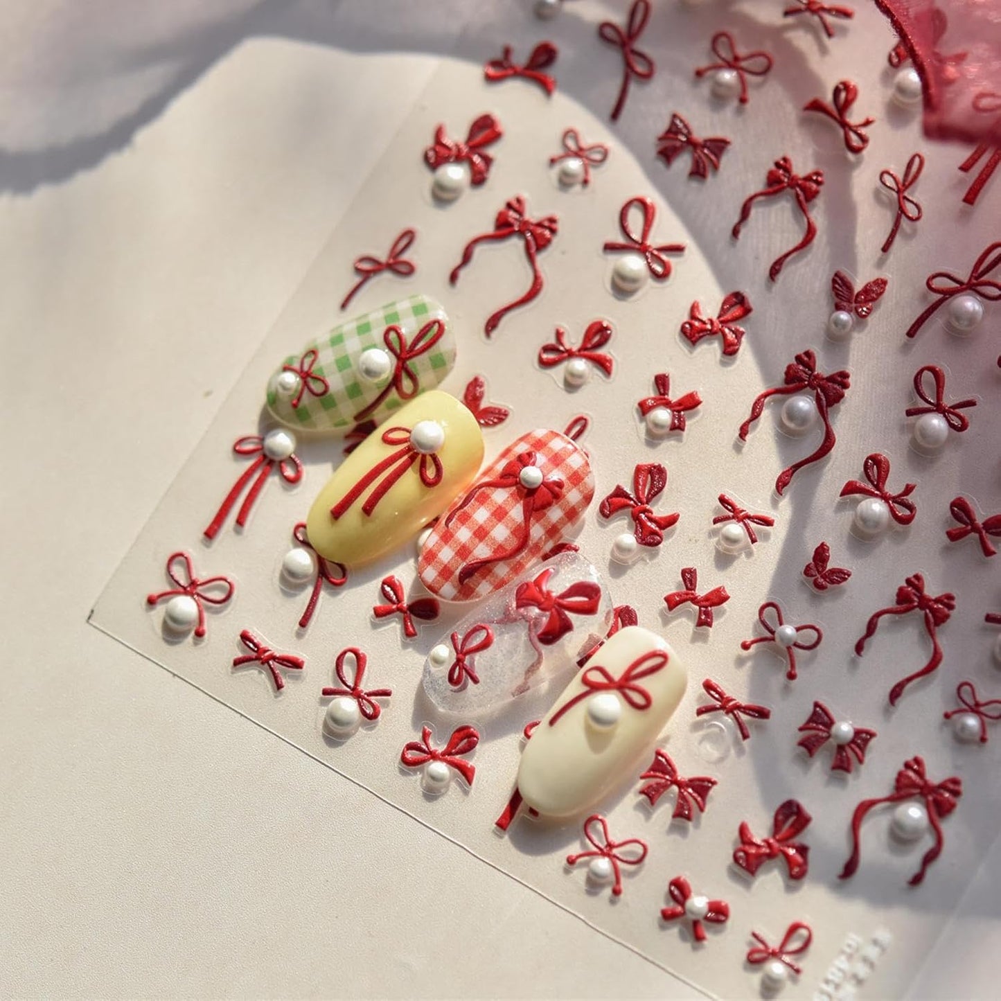 Bow Nail Art Stickers 5D Embossed Nail Decals Self Adhesive Red Nail Sticker for Nail Art Pearl Design for Women Girls Supplies Nail Art Decorations Accessories