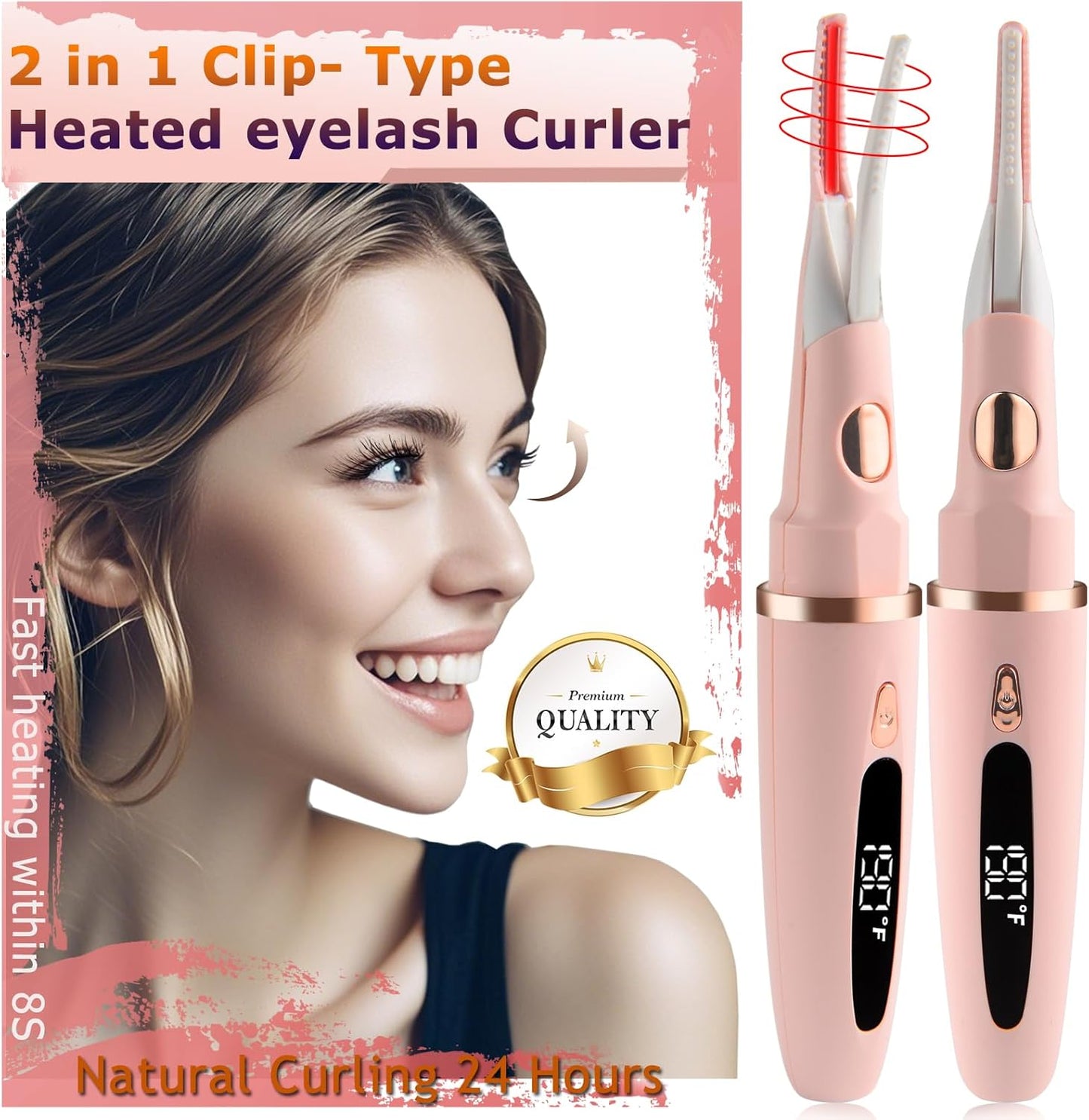 Heated Eyelash Curlers - 2 in 1 Clip- Type Heated lash Curler Best Seller Electric Eyelash Curler LED Display 3 Temp Settings for Makeup Tools USB Rechargeable Natural-Pk C1A-AA