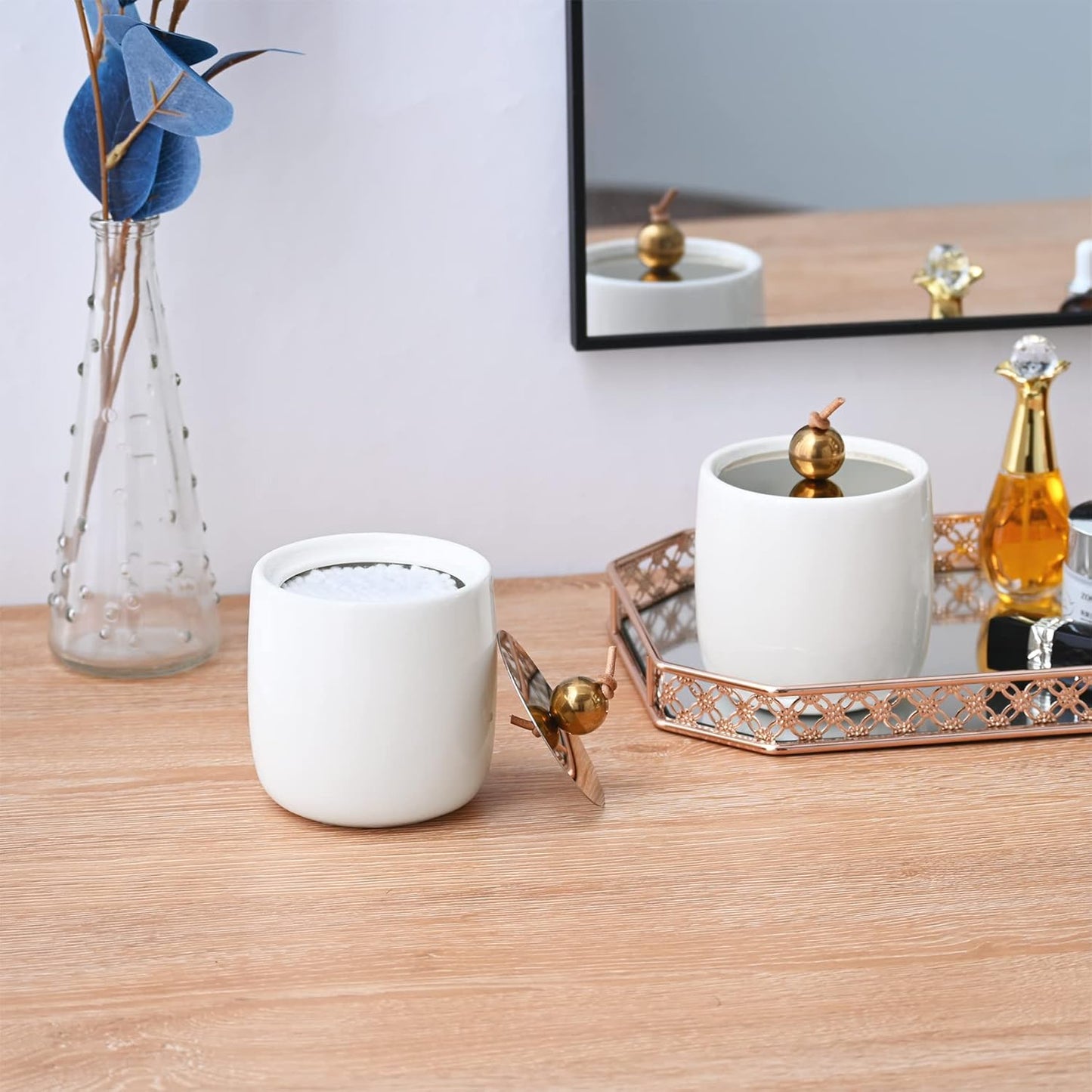 2 Pack Ceramic Qtip Holder Dispenser with Gold Lids, White Apothecary Jars Bathroom Vanity Organizer for Home Decor - Bathroom Canister for Cotton Swabs, Rounds, Balls, Makeup Sponges, Bath Salts