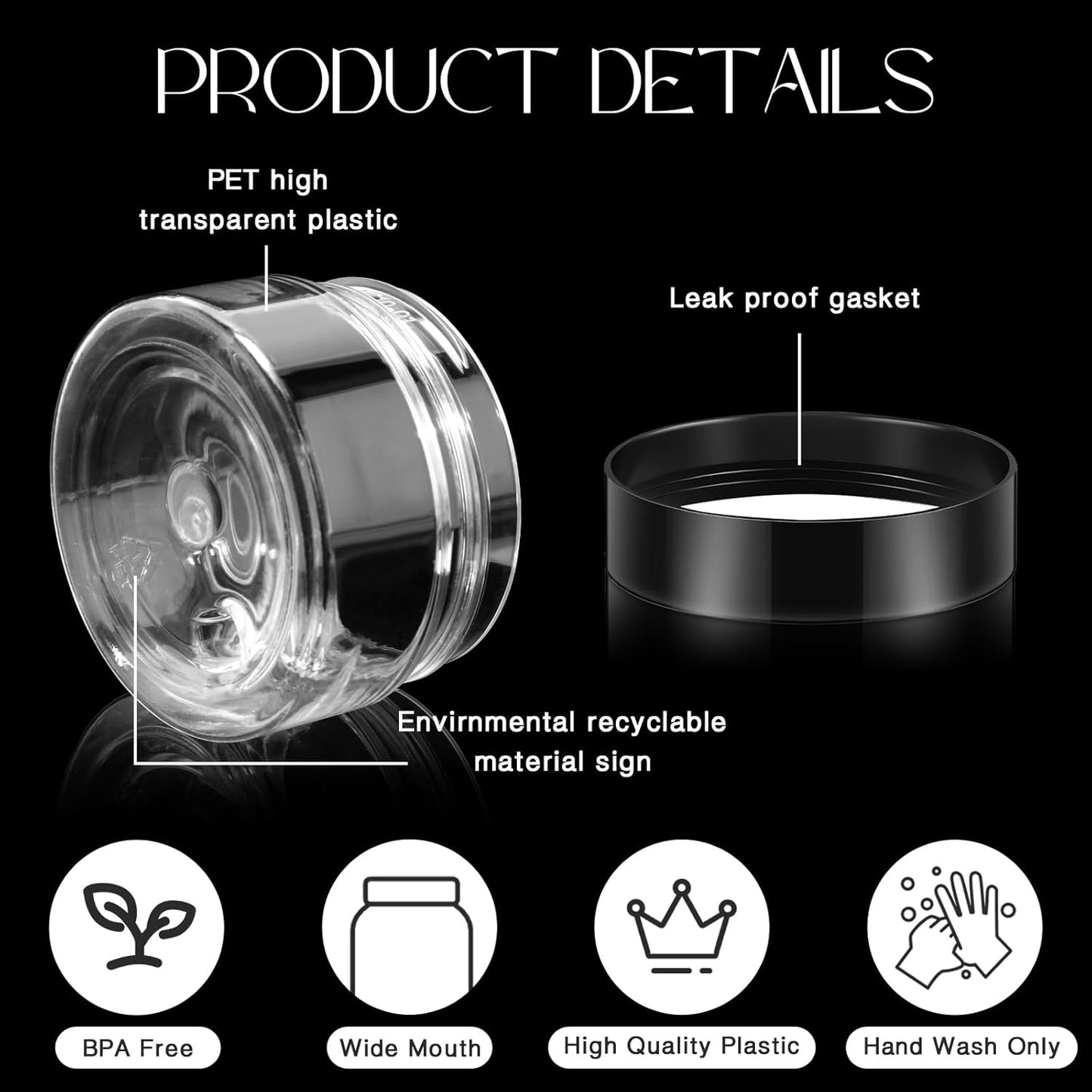 SATINIOR 100 Pcs Plastic Jars with Lids Small Containers Lids Wide Mouth Small Plastic Containers for Lotion Cream Rhinestones Body Butters Travel Storage(2 oz,Black)