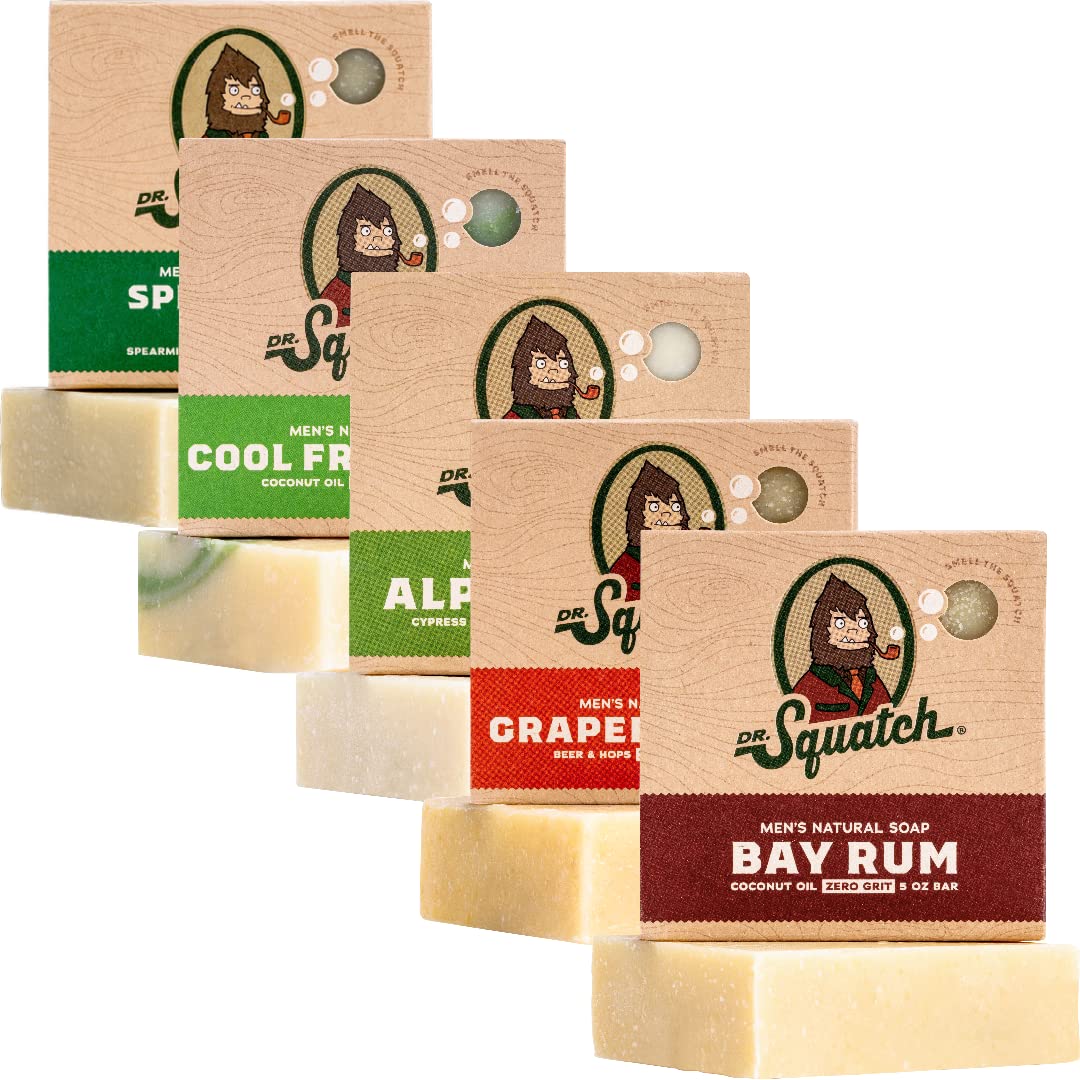 Dr. Squatch Natural Bar Soap for Men - Cold Process Soap with No Harsh Chemicals - Cool Fresh Aloe, Alpine Sage, Spearmint, Bay Rum & Grapefruit IPA (5 oz, 5-Pack)