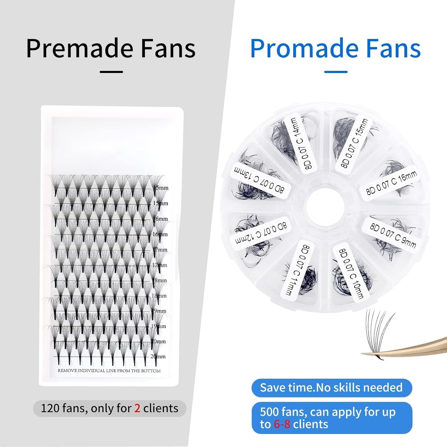 Pre-made Fans for Eyelash Extension 500+8D D Curl Handmade Loose Volume Lashes9-16mm