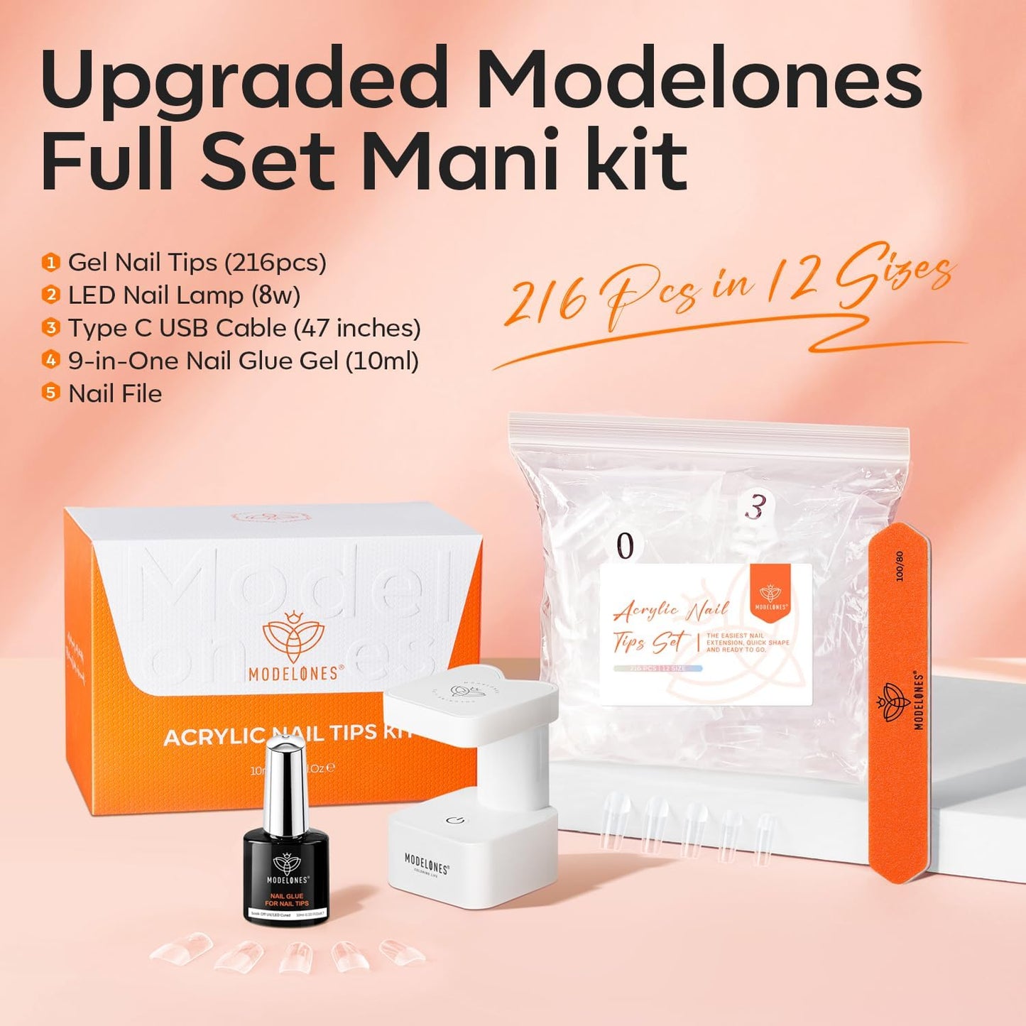 modelones Medium Square Gel Nail Tips Kit, 9-in-One Nail Glue with Portable U V Lamp 216Pcs 12Sizes Pre-Etched Press ons Fake Acrylic Extension Kit DIY Salon Gift for Women