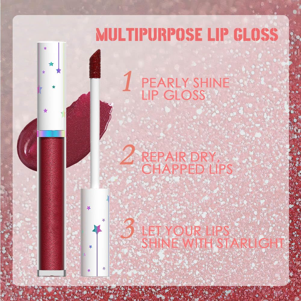 evpct 1Pcs Dark Red Metallic Shimmer Glitter Lip Gloss Liquid Lipstick Long Lasting Waterproof 24, Glitter Pearlescent Metallic Sparkly Glossy Liquid Lipsticks Lip Stain Makeup Set for Women 10#