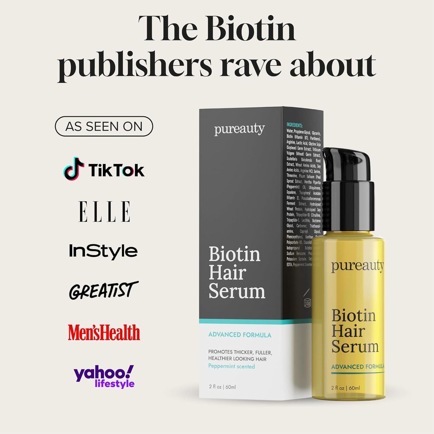 Biotin Hair Growth Serum Advanced Topical Formula To Help Grow Healthy, Strong Hair Suitable for Men and Women of All Hair Types Hair Loss Support By Pureauty Naturals 2 Fl Oz (Pack of 1)