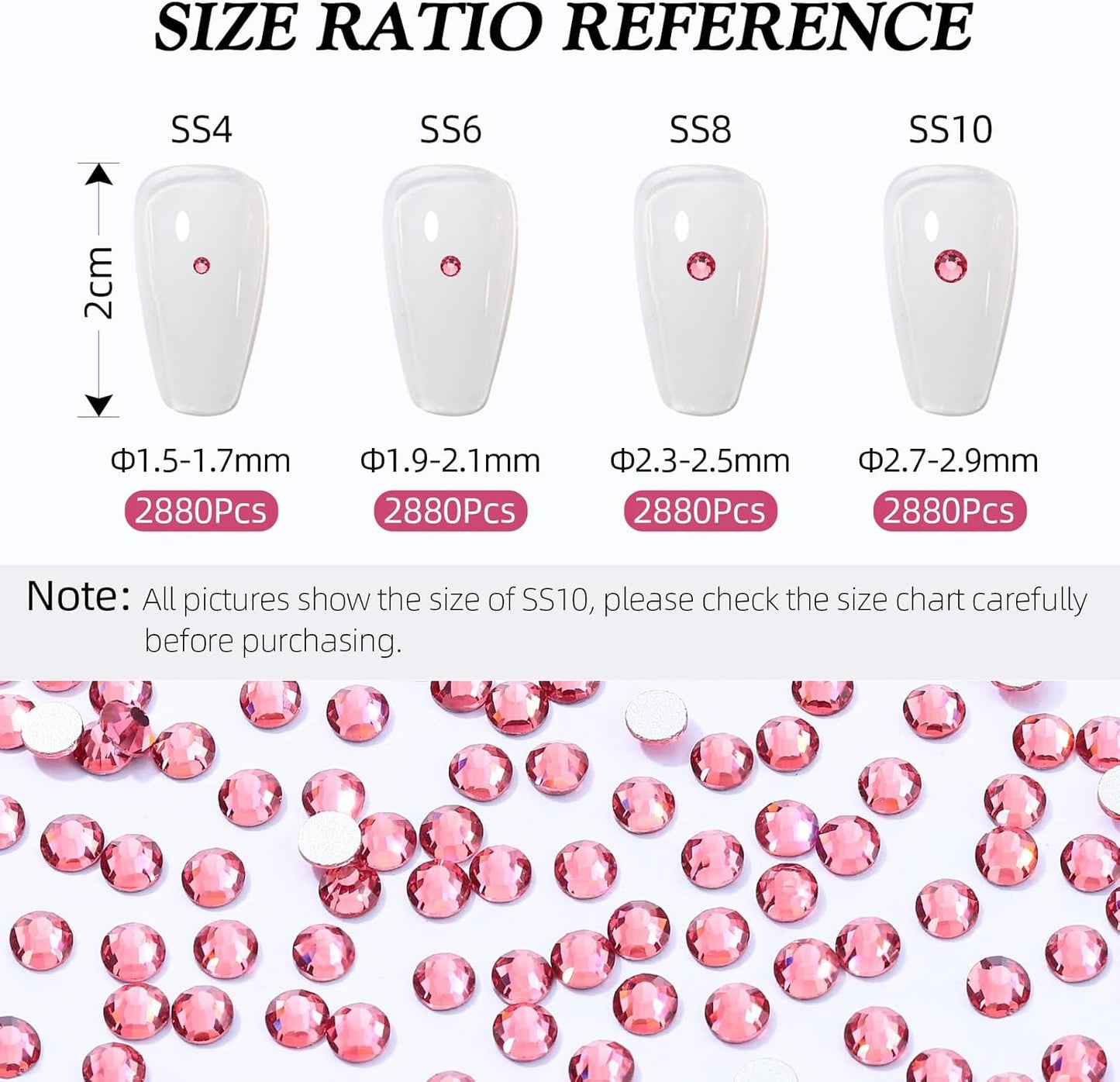 Rose Flatback Rhinestones, Glass Rhinestones for Nail Art and Craft, Glue Fix, Loose Crystal Gemstones(Rose, SS4, 2880pcs, 1.5-1.7mm)