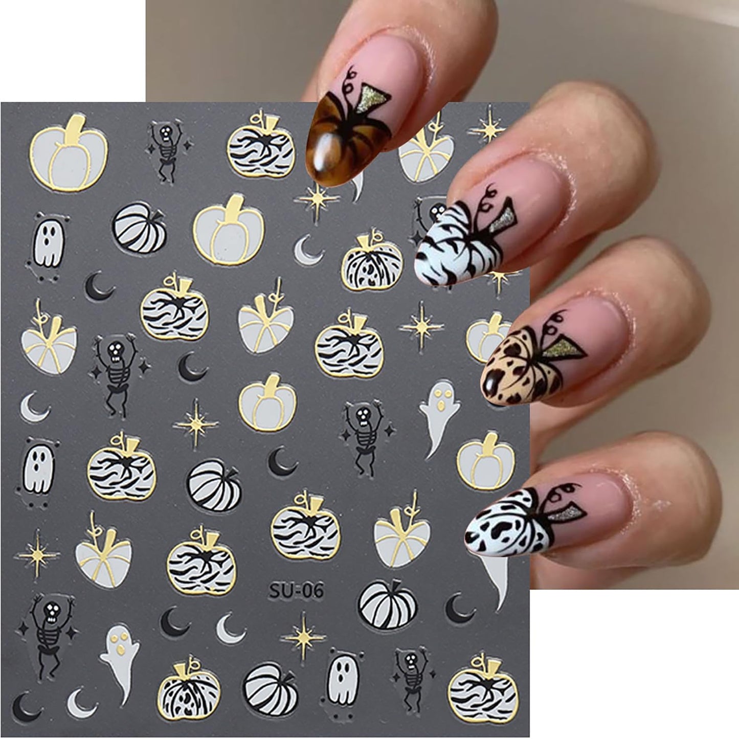 8 Sheets Halloween Nail Art Stickers Cute Ghost Pumpkin 3D Self-Adhesive Nail Decals Spider Web Blood Flame Designs Manicure Art Fall Thanksgiving Nail Supplies for Women DIY Nail Decorations