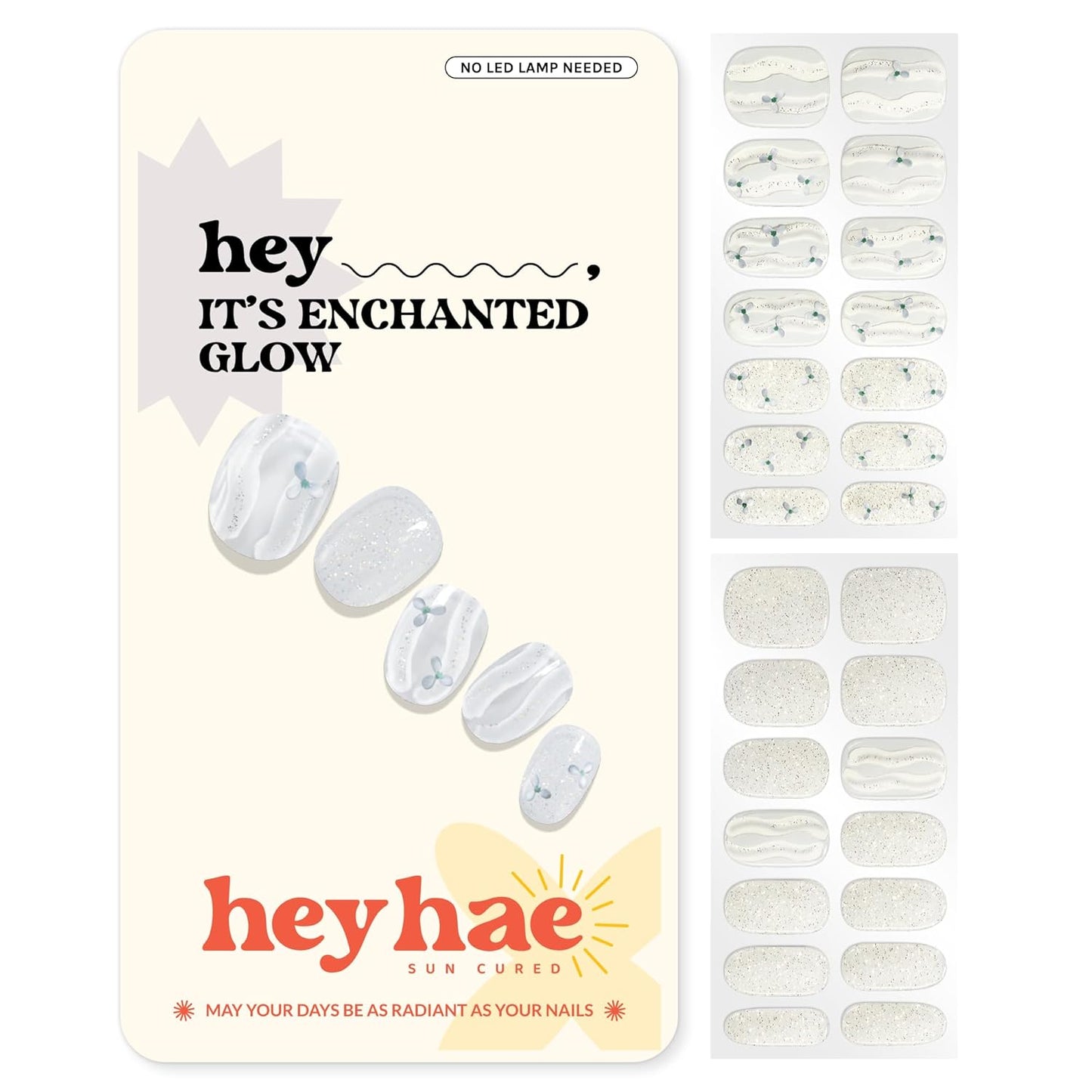 Semi Cured Gel Nail Strips | No LED Lamp Needed | Glitter, White | Easy Apply & Remove, Salon Quality Includes 28 Strips, 1 Prep Pads, Nail File & Wooden Stick - Hey, It's Enchanted Glow