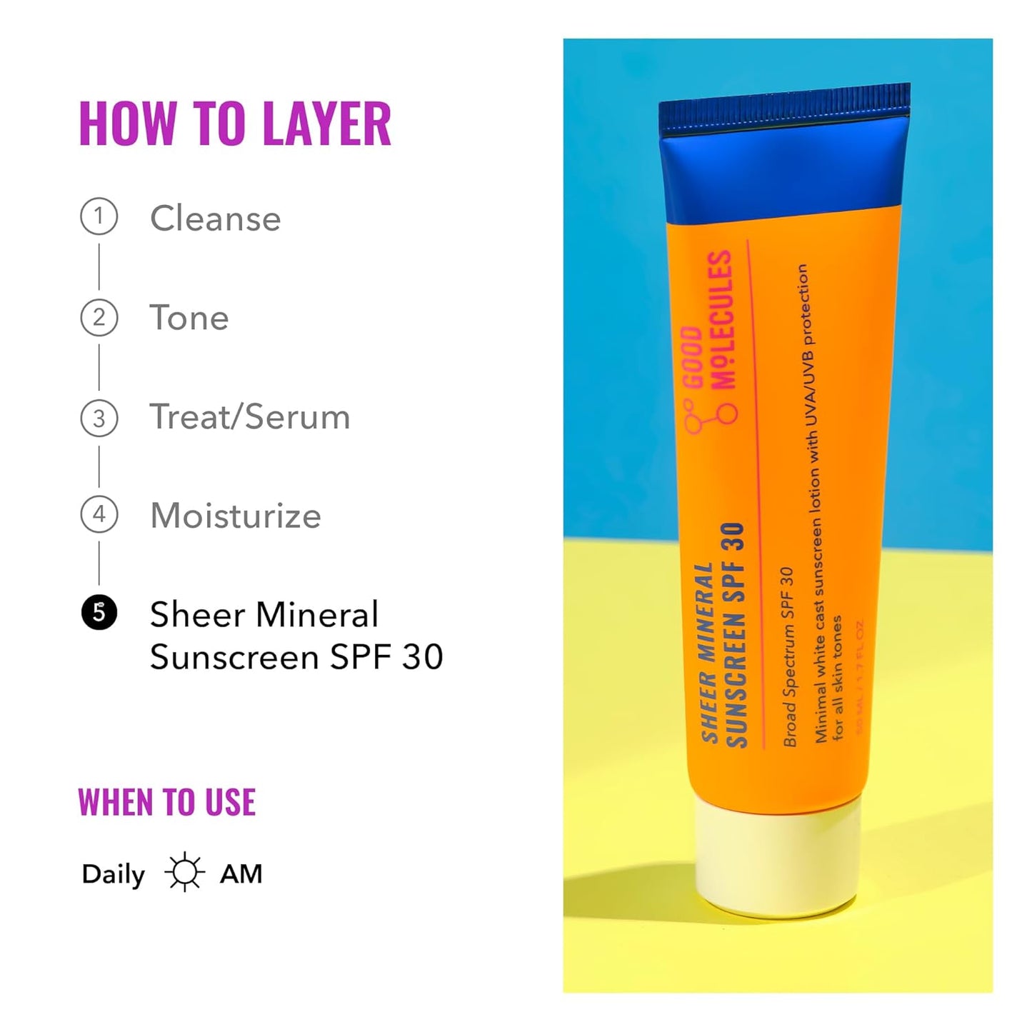 Good Molecules Sheer Mineral Sunscreen SPF 30 - Minimal White Cast Zinc Oxide Sunscreen For Face - Hydrating Hyaluronic Acid, UVA/UVB Protection, Reef-Safe