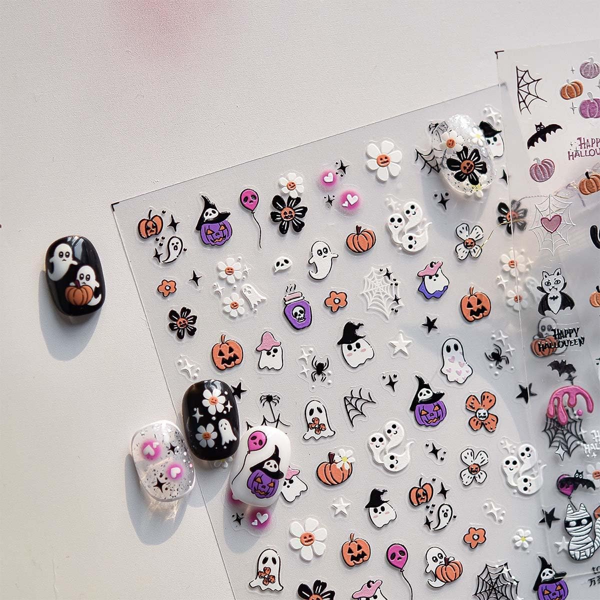 Halloween Nail Stickers Ghost Nail Decals 5D Embossed Cute Nail Art Sticker Flower Pumpkin Spider Wed Nail Supplies Design for Women Holiday DIY Manicure Decoration 1Sheet