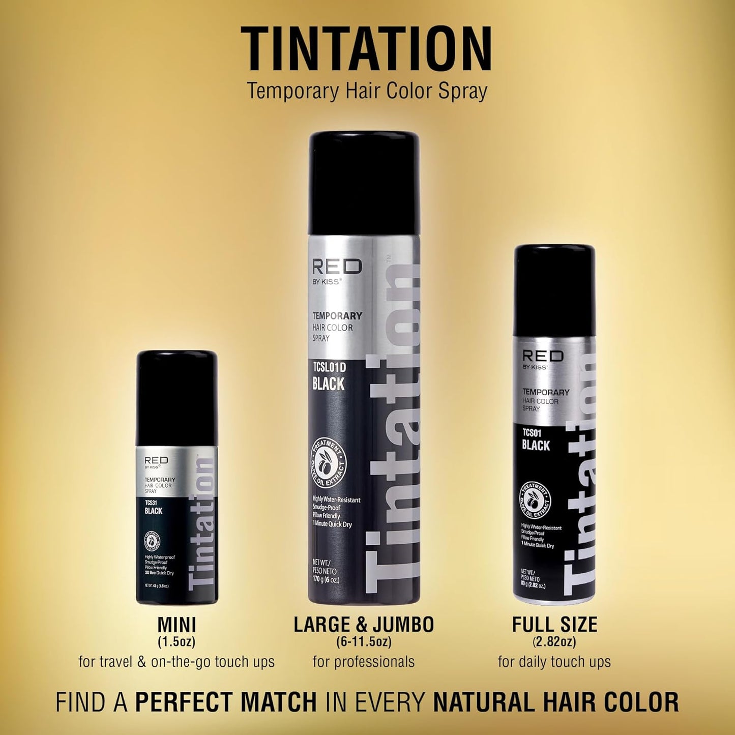 RED by Kiss 1.5OZ. Tintation Temporary Hair Color Spray, Instant Gray Root Cover Up, Water-Resistant, Smudge-Proof, Hairline & Barber Touch-Up, Quick Dry, Travel Size Spray (Black)
