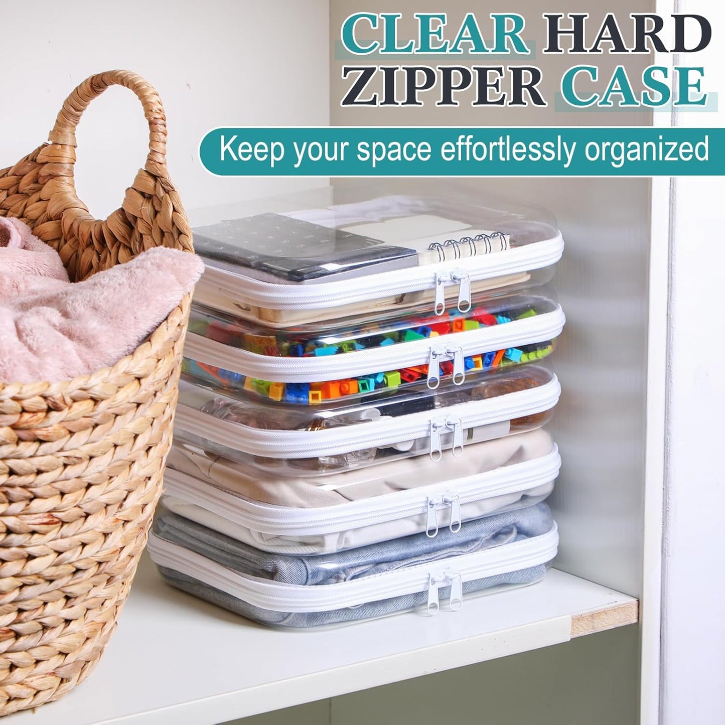 Sanwuta 6 Pcs Clear Hard Zipper Case Pencil Pouches Hard Plastic Zipper Pouches Makeup Bag Transparent Cases for Snacks Plastic Storage Organizer Box for Travel(White,9.84 x 7.87 x 2 Inch)