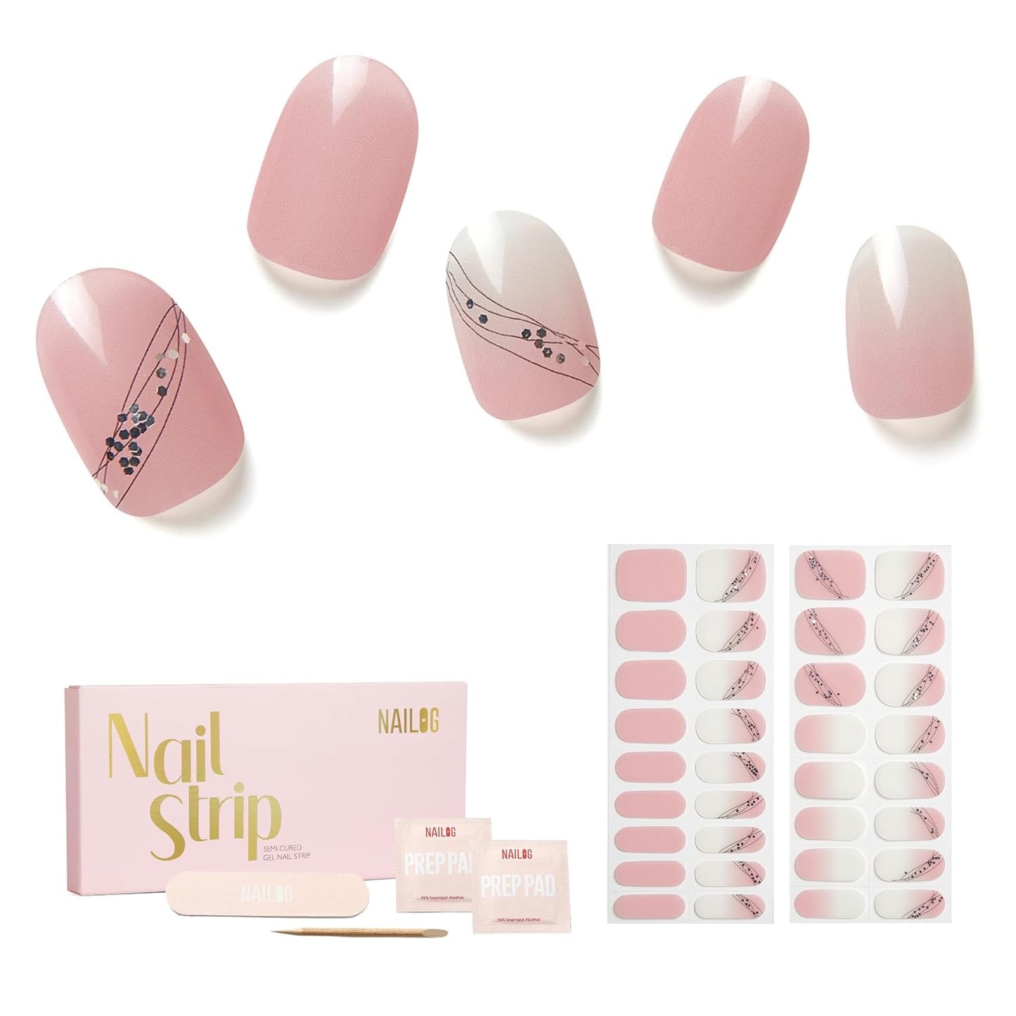 Semi Cured Gel Nail Strips - NAILOG 34 Pcs Gel Nail Stickers | Buy 2 Get 1 UV Light | Extra Long Nail Wraps with Glossy Gel Finishing Gradient Pink, Fairy Wand