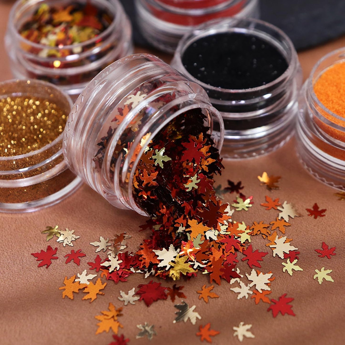 Fall Nail Art Glitter Maple Leaf Nail Sequins Flakes, 4 Colors Manicure fine Glitter Powder, 3D Holographic Ginkgo Biloba Nail Stickers Decals Supplies Nail Charms for Women Girls 6 Box