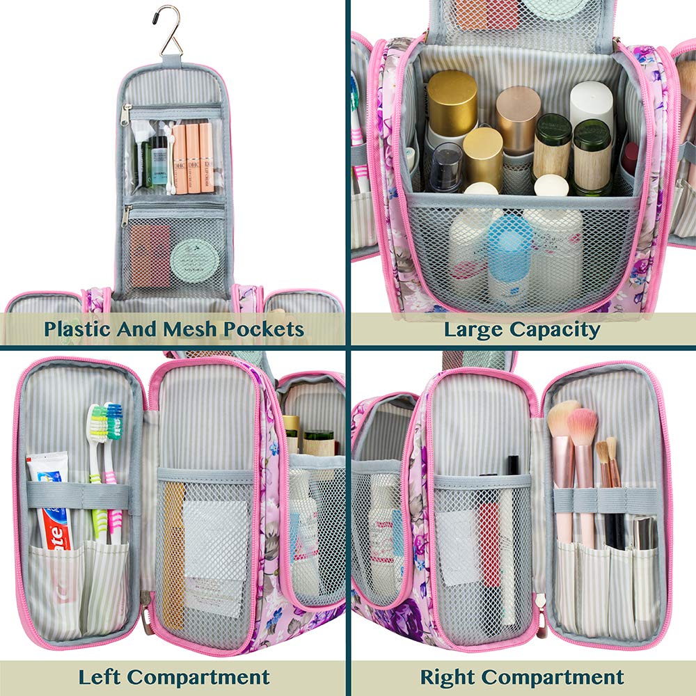PAVILIA Toiletry Bag Travel Bag for Women Men, Hanging Cosmetic Organizer, Water Resistant Makeup Bag for Accessories Toiletries, Large Travel Essentials Kit (Floral Pink)