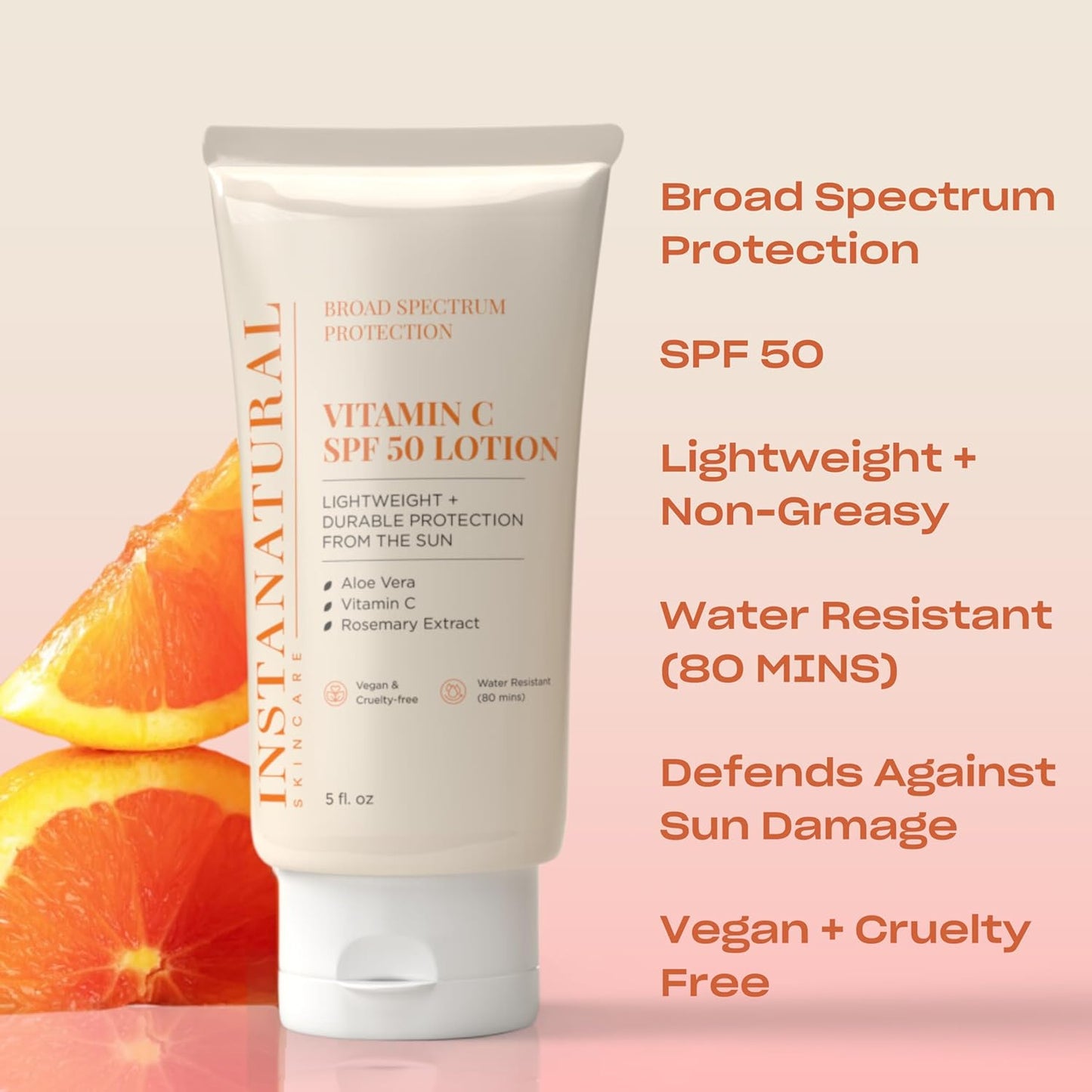 InstaNatural Skin Care Vitamin C SPF 50 Broad Spectrum Sunscreen Lotion, Lightweight, Non-Greasy Moisturizer for Body & Face, UVA, UVB Sunblock, with Aloe Vera & Botanicals, 5 Fl Ounce (Pack of 1)