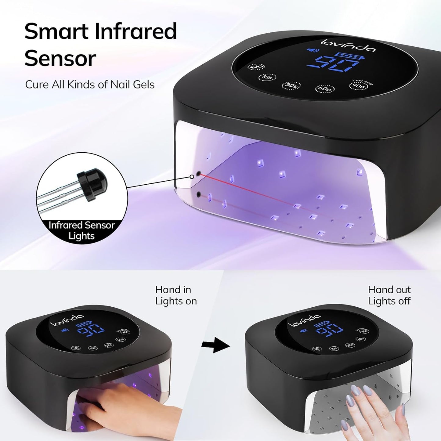 UV Light for Nails, Lavinda UV Nail Lamp 54W Rechargeable Nail Dryer Gel Polish Light with Large Touch Display, Professional Fast Curing Lamp with 4 Timer Setting Auto Sensor for Salon & Home