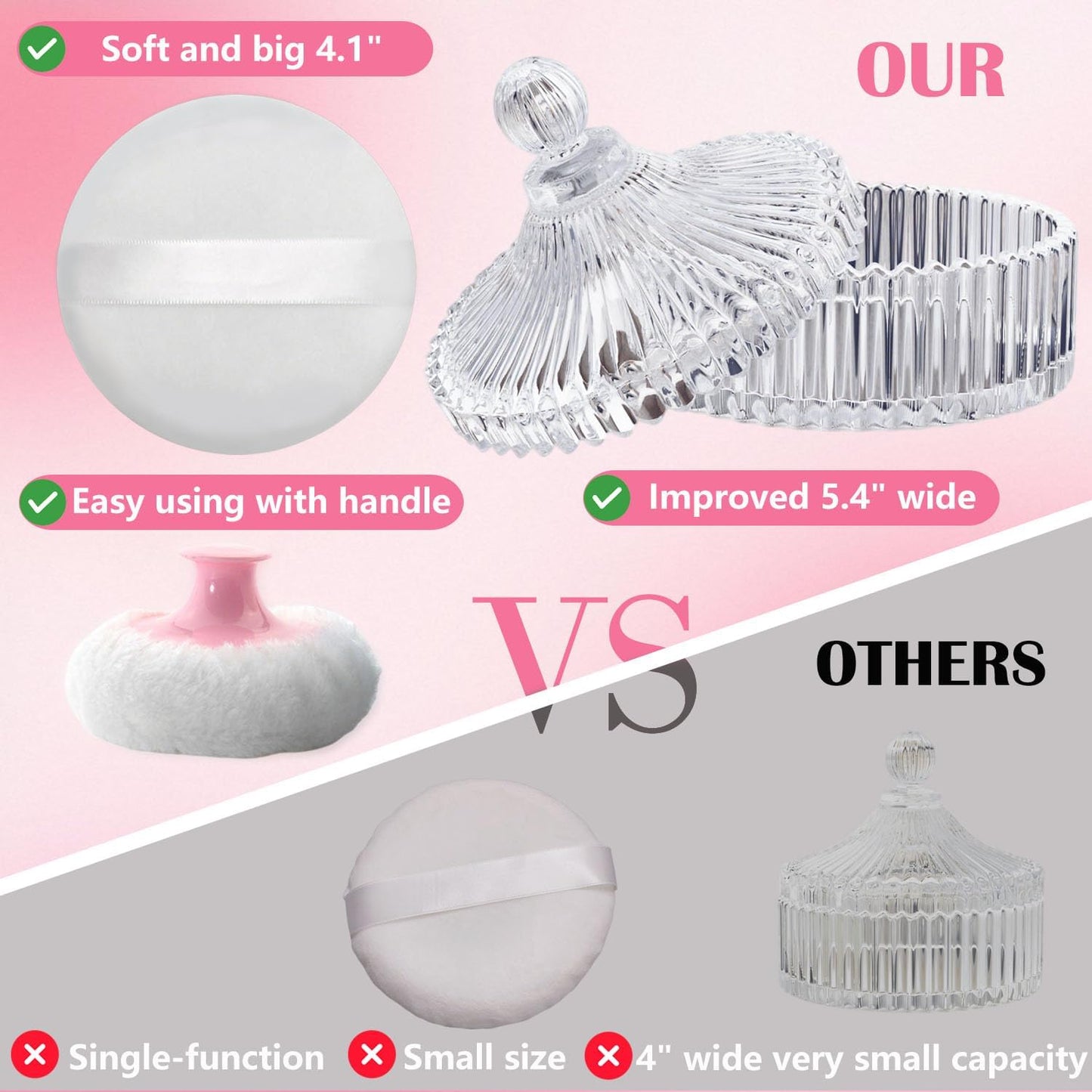 Large Body Powder Puff and Container Set - Velour, Dusting Powder Puffs for Women Baby and Loose Powder Containers for Face & Body, Washable, Reusable, Wet Dry Makeup