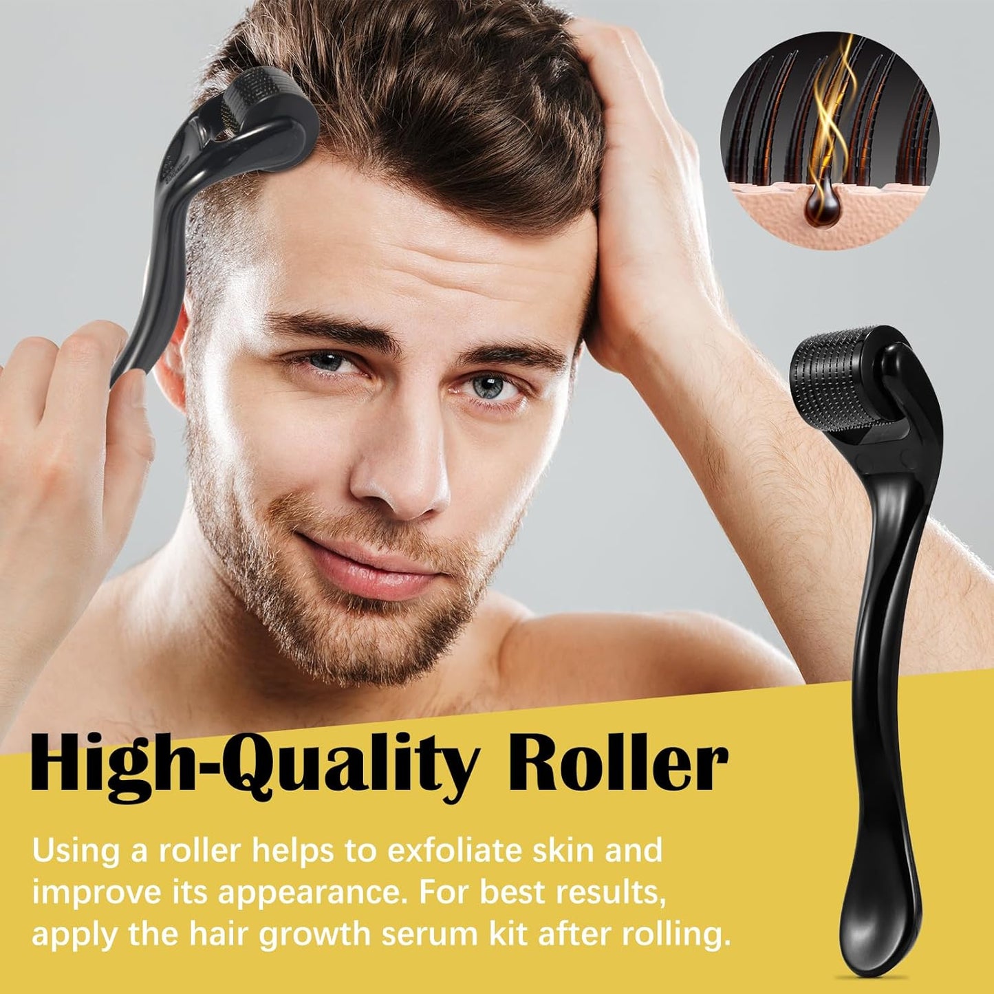 5% Minoxidil for Men and Women with Derma Roller, Hair Growth Serum & Beard Growth Kit, Minoxidil Biotin Hair Regrowth Treatment for Thicker, Fuller Hair - Stop Scalp Hair Loss & Thinning - 2.02 oz