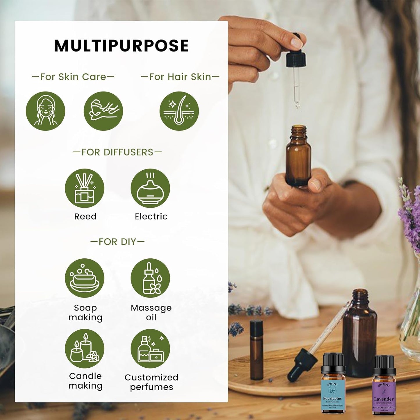yethious Lavender Eucalyptus Essential Oil Organic Pure Plant Lavender Oil Essential Oil for Diffuser, Skin, Hair Care