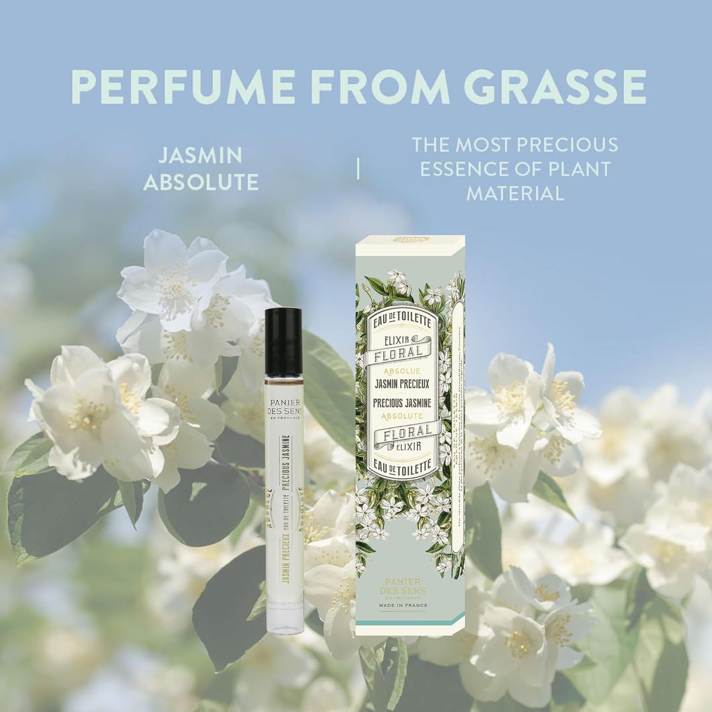 Panier des Sens - Jasmine Roll-on Eau de Toilette 0.3 Floz – Floral & Intense Fragrance - Mini Perfume for Women - Parfum Crafted in Grasse, France - Daily Use - Light Travel Perfume