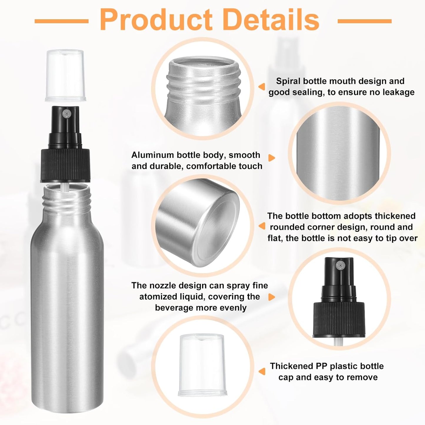HARFINGTON 5pcs Aluminum Fine Mist Spray Bottles 80ml/2.7oz Metal Small Liquid Alcohol Refillable Travel Container with Black Plastic Nozzle Cap for Perfume Skincare Cosmetic Storage Bottle