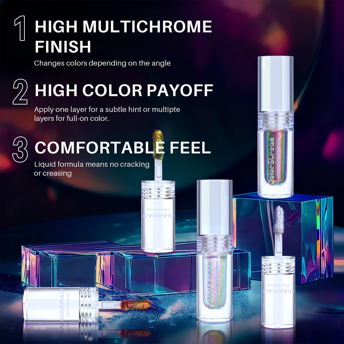 CHARMACY Multichrome Glitter Liquid Eyeshadow, Chameleon Shifting Color, Holographic Metallic Eyeshadow, Long-Lasting Wear, Vegan Eye Topper for Party, Daily Makeup #06
