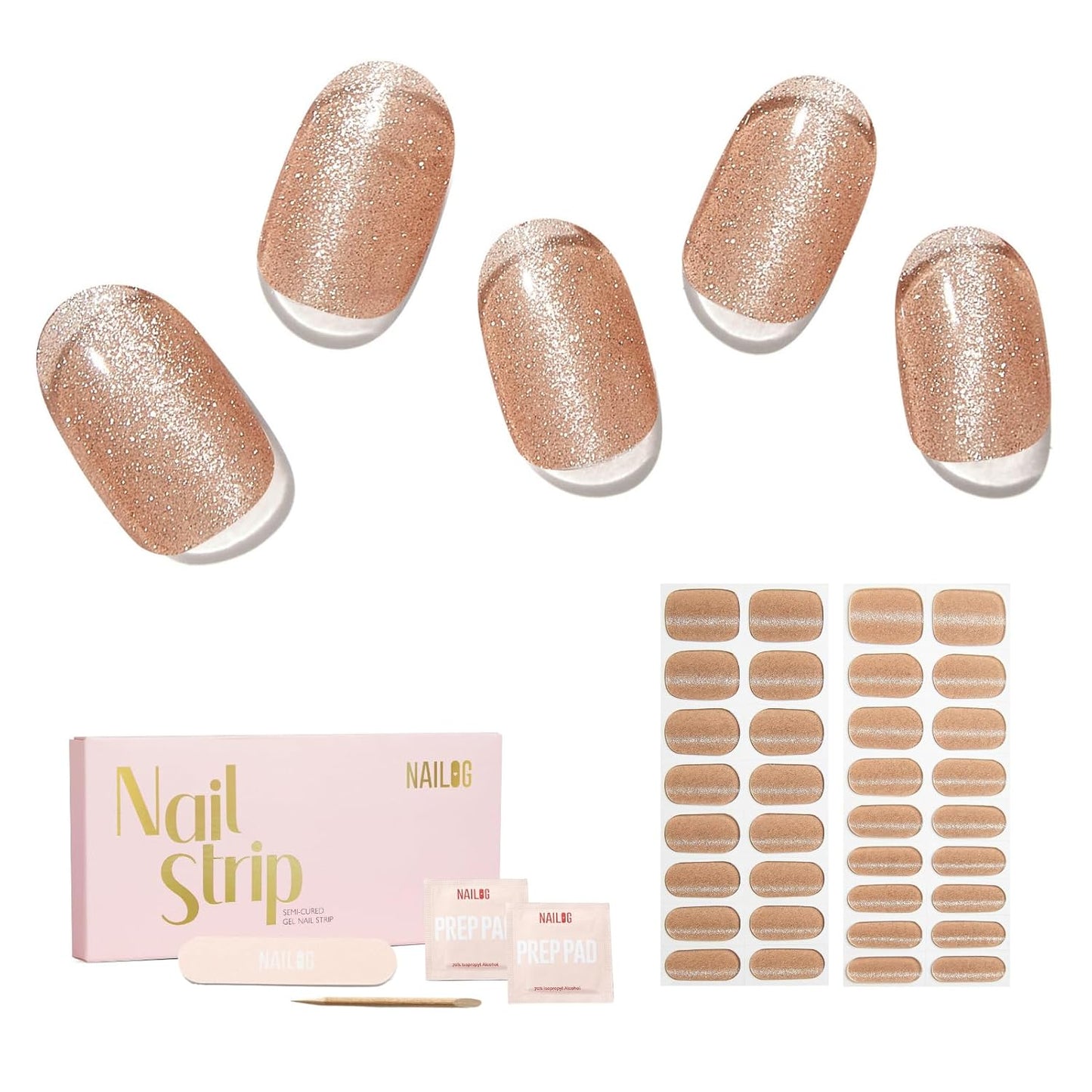 NAILOG Semi Cured Gel Nail Strips - 34 pcs | Buy 2 Get 1 UV Lamp | Long Lasting Nail Polish Sticker Wraps with Glossy Gel Finish, Nude Gleam