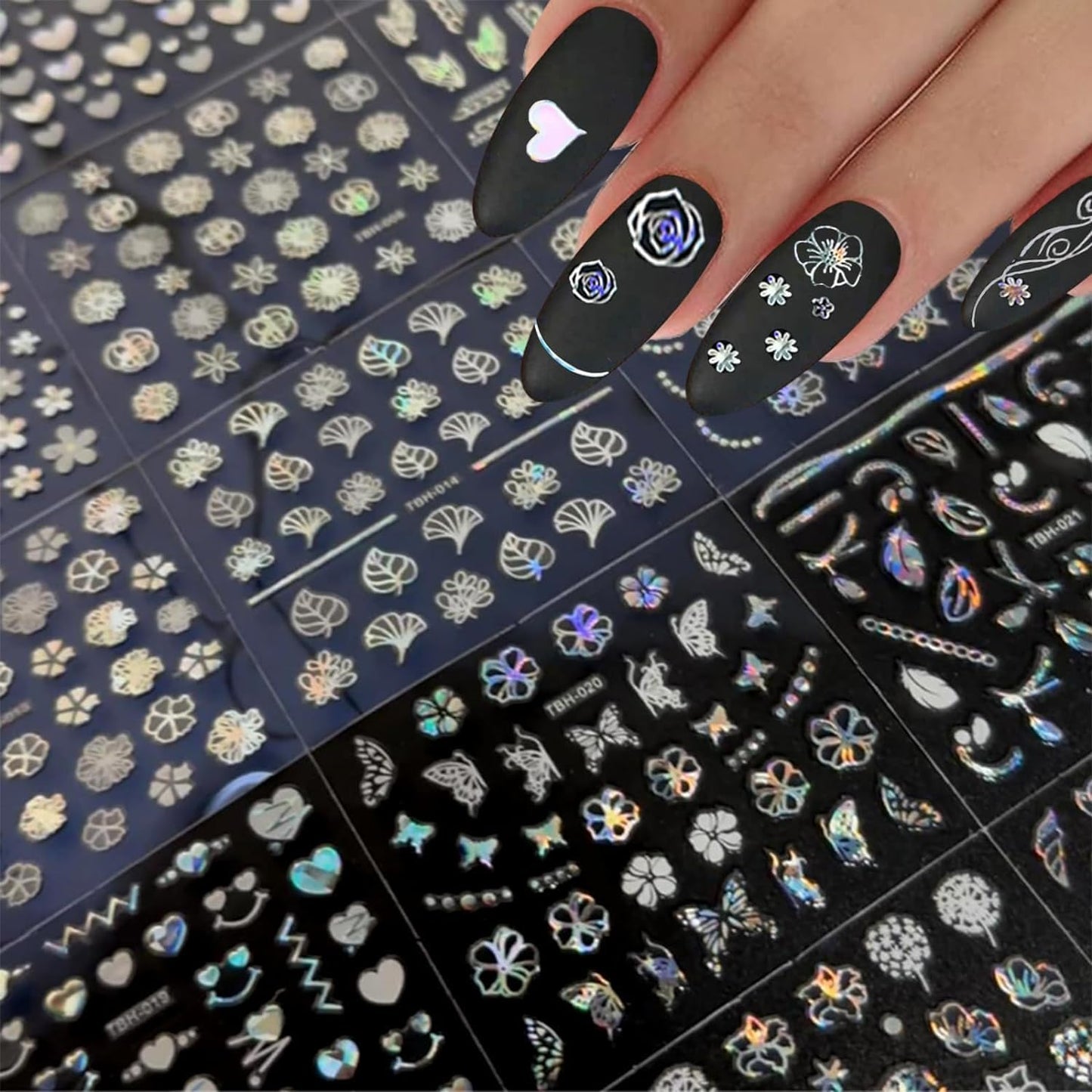 30 Sheets Aurora Nail Art Stickers Heart Star Nail Decals 3D Self-Adhesive Holographic Laser Star Nail Stickers Glitter Flower Butterfly Pattern Acrylic Design for Women Girls DIY Nail Art Decoration