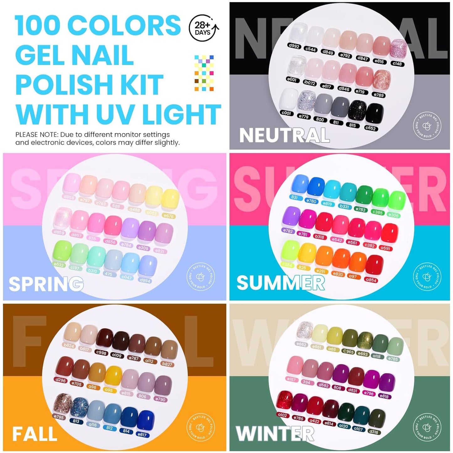 Beetles Gel Nail Polish Kit with U V Light, 100 Colors Gel Polish 133 Pcs Nail Stuff Kit for All Seasons with Base and Matte&Glossy Top Coat Infinite Inspirations Soak Off Gifts for Women Girls Teen