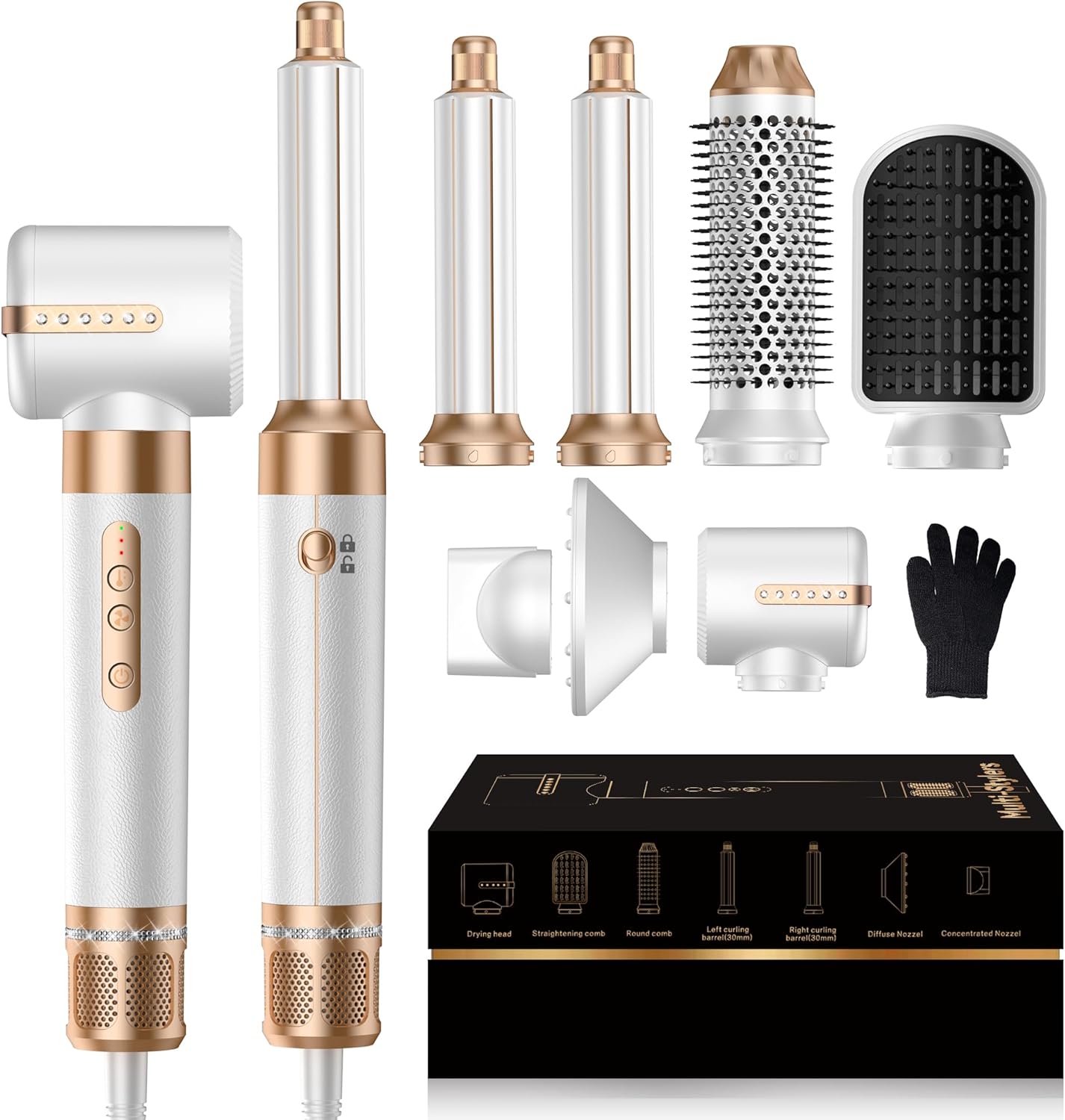 7 in ONE Hair Dryer Brush, Powerful Blow Dryer Brush with Auto- Wrap Curler, Detachable Fast Drying, Volumizing, Curling, Straightening, Ionic Hair Dryer with Diffuser, Hair Styling Tools 100-120V